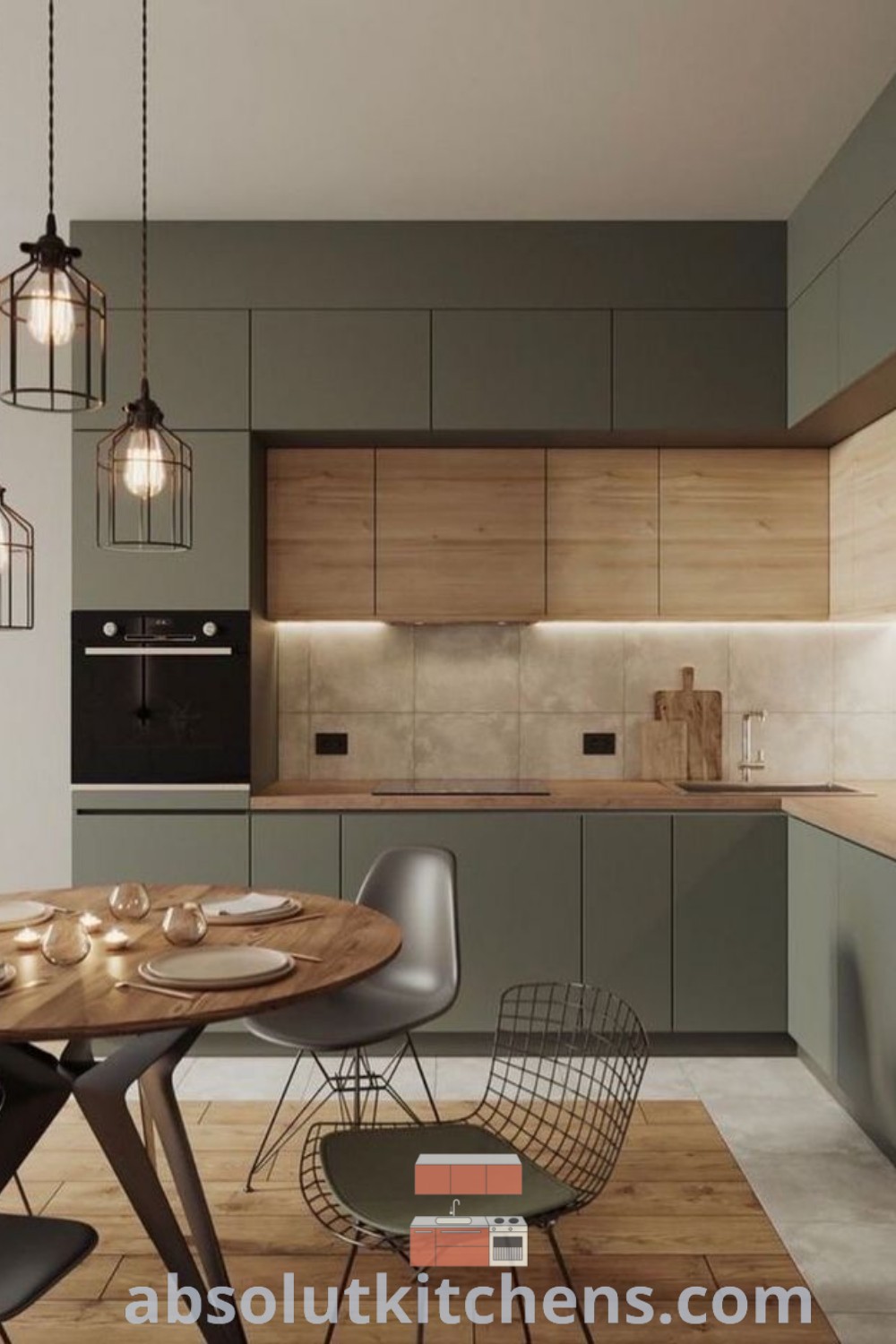 A cozy kitchen with sage green cabinets, a modern dining table and chairs, and lights hanging from the ceiling, showcasing design ideas that blend functionality and aesthetics. This kitchen offers unique decor inspirations for a warm and inviting home. Explore more at wellnesswink.com.