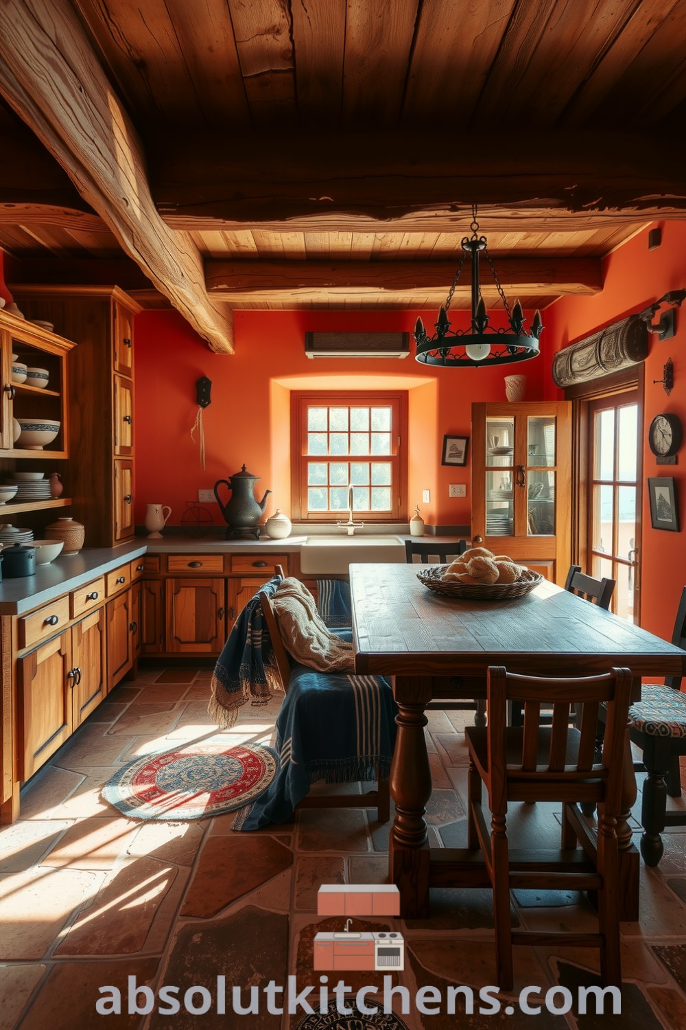 Cozy rustic kitchen featuring warm orange tones, wooden beams, weathered cabinets with mismatched ceramic bowls, and a sturdy oak table, illuminated by sunlight, creating an inviting home atmosphere. Visit absolutkitchens.com for more cozy design ideas.