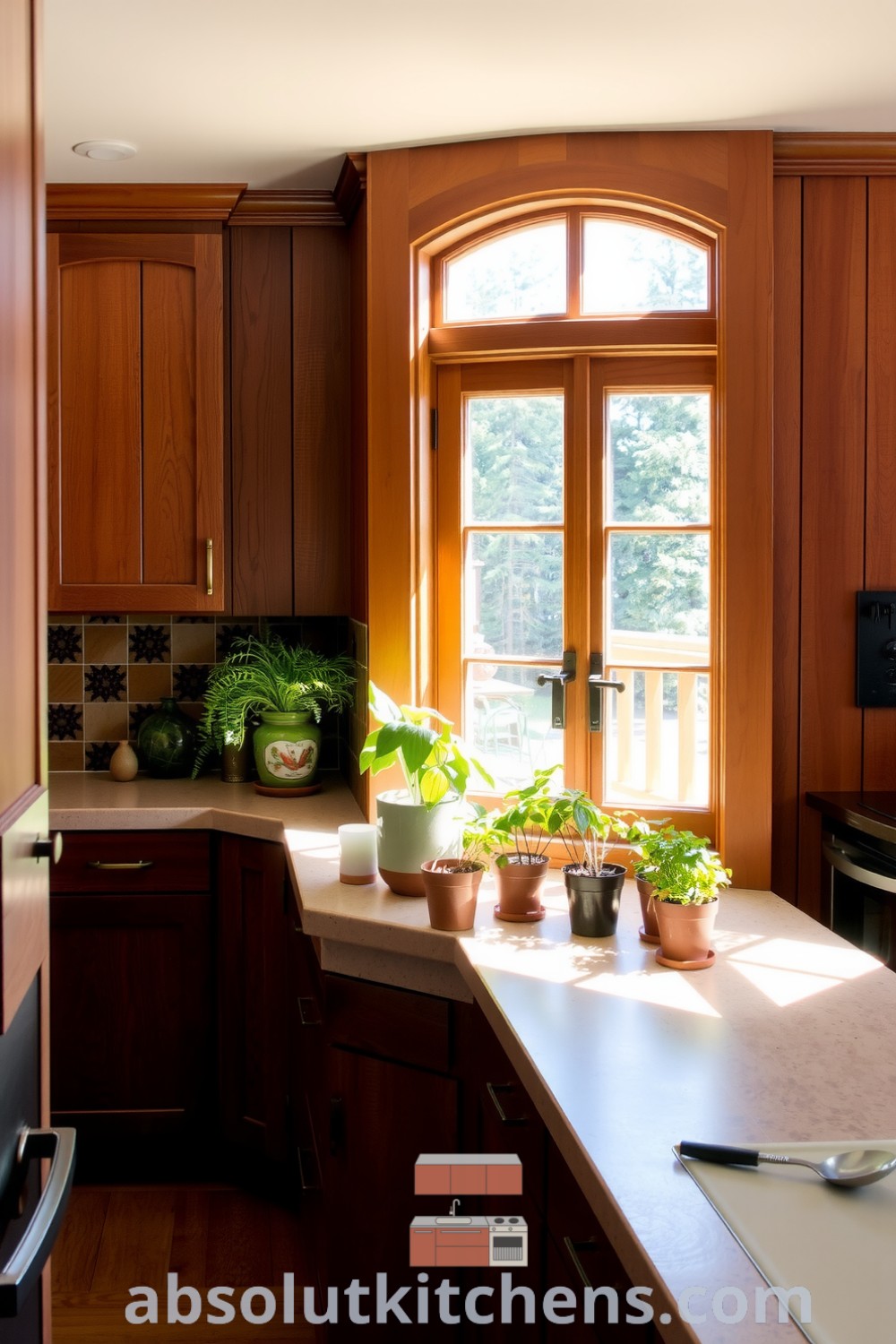 Cozy nature-inspired kitchen with wooden cabinetry, stone countertops, and potted herbs, showcasing warm earthy tones and inviting sunlight for a welcoming and homey atmosphere. Visit absolutkitchens.com for more inspiring decor ideas for your home.