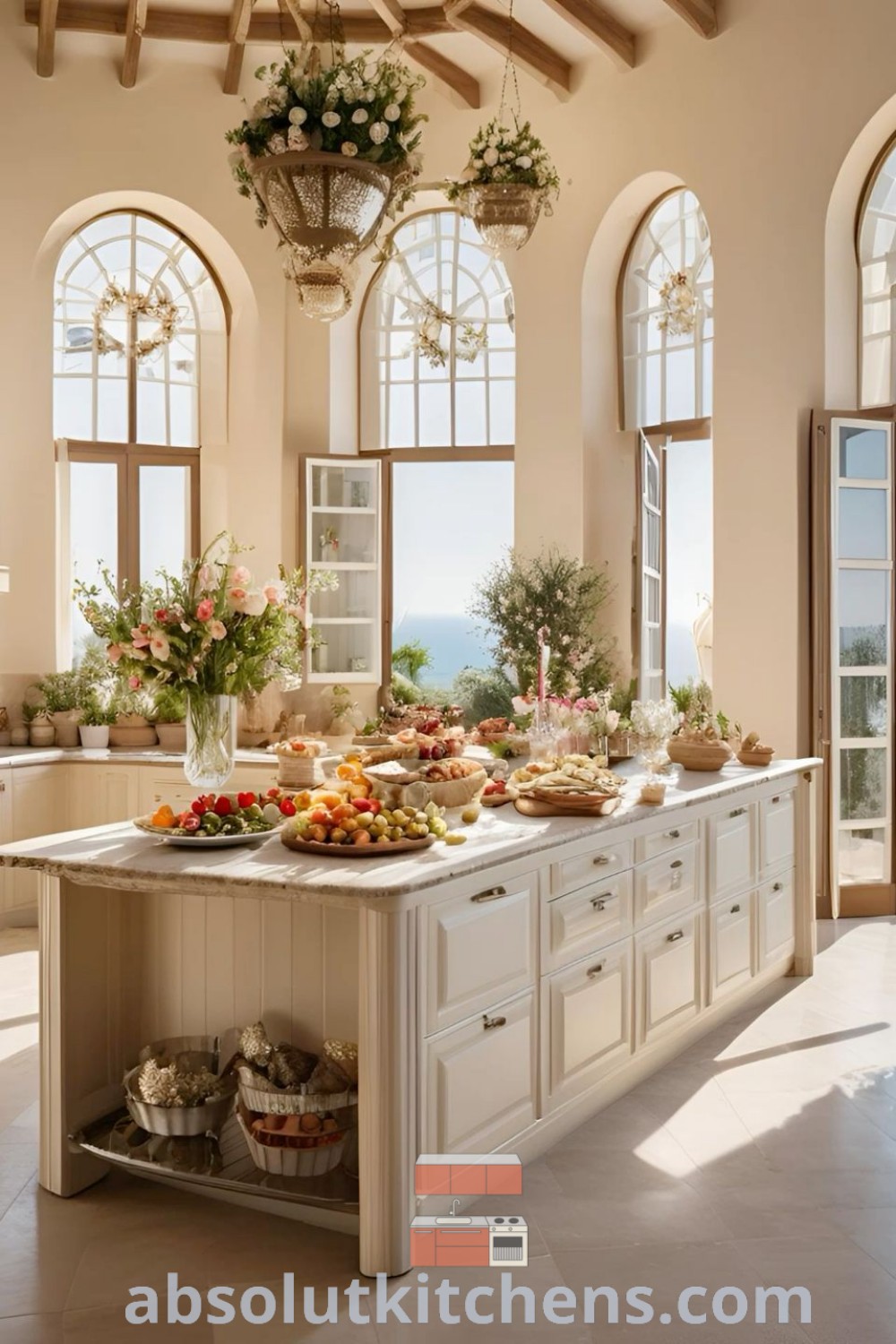 A bright Greek style kitchen featuring ample counter space, an open window adorned with potted plants, and a fresh produce display. This Mediterranean kitchen radiates natural light, embodies cozy design trends, and offers inspiring decor ideas for your house or apartment. Find more kitchen decor inspirations at absolutkitchens.com.