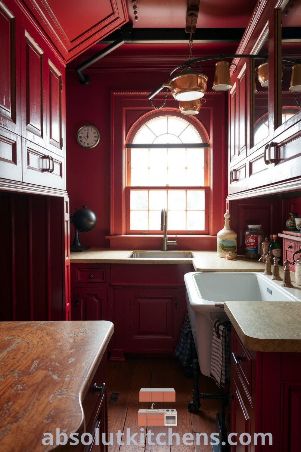 Cozy Victorian kitchen with warm red tones, intricate woodwork, a farmhouse sink, weathered countertops, and hanging copper pots, offering design ideas that inspire a welcoming and homey atmosphere at absolutkitchens.com.