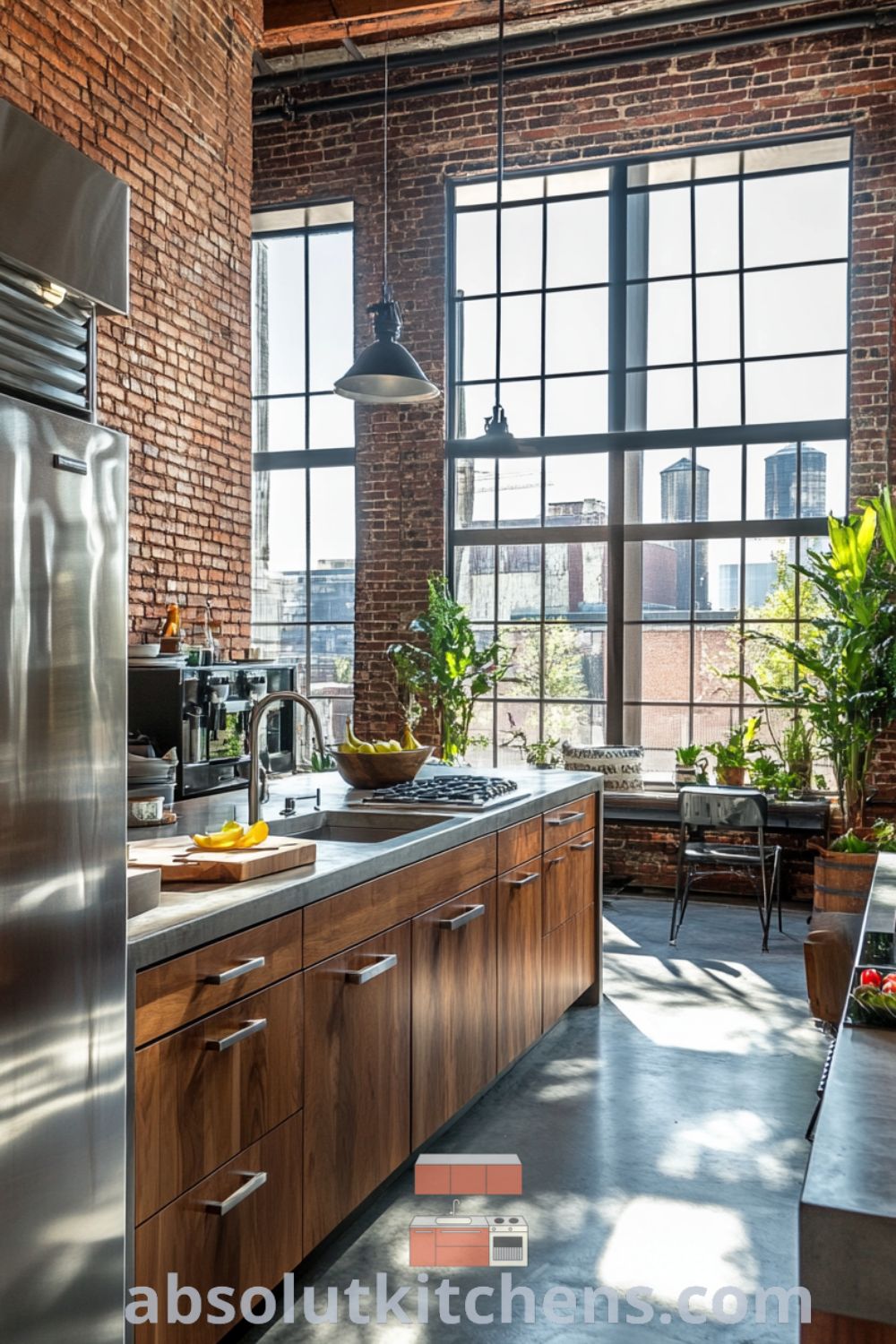 Loft kitchen design featuring exposed brick walls and industrial-style island on absolutkitchens.com, with cozy atmosphere, design trends for house or apartment, and inspiring decor ideas for small spaces.