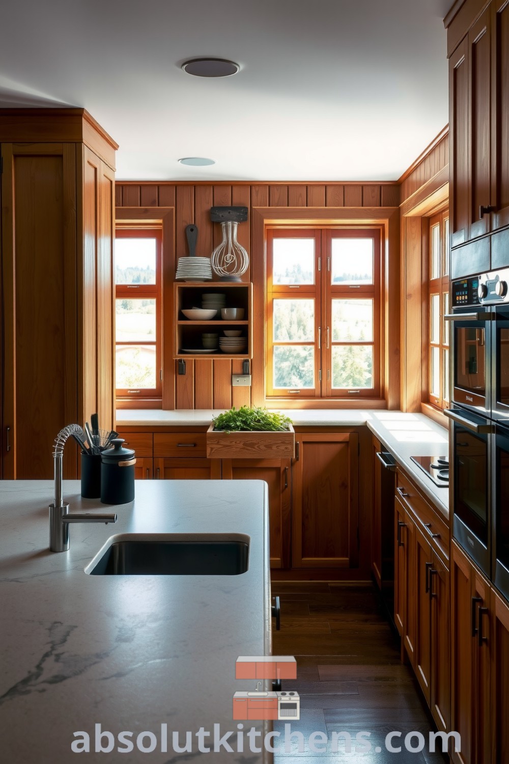 Scandinavian kitchen design with warm wooden cabinetry, a smooth stone countertop, natural light streaming through wide windows, ceramic bowls, and fresh greens invitingly arranged, providing cozy ideas and decor inspirations for your home at fireplacesandwoodstoves.com.