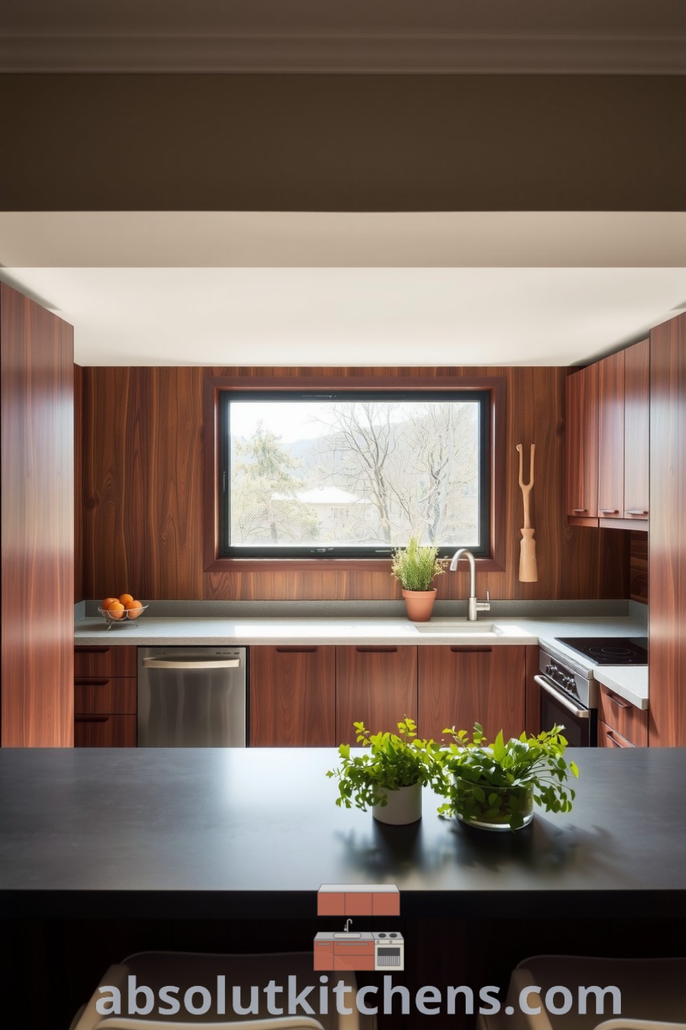 Minimalist kitchen design featuring deep brown wooden cabinetry, polished concrete countertops, and a collection of herbs in terracotta pots on the windowsill, creating a cozy and inviting atmosphere. Find more cozy ideas at fireplacesandwoodstoves.com.