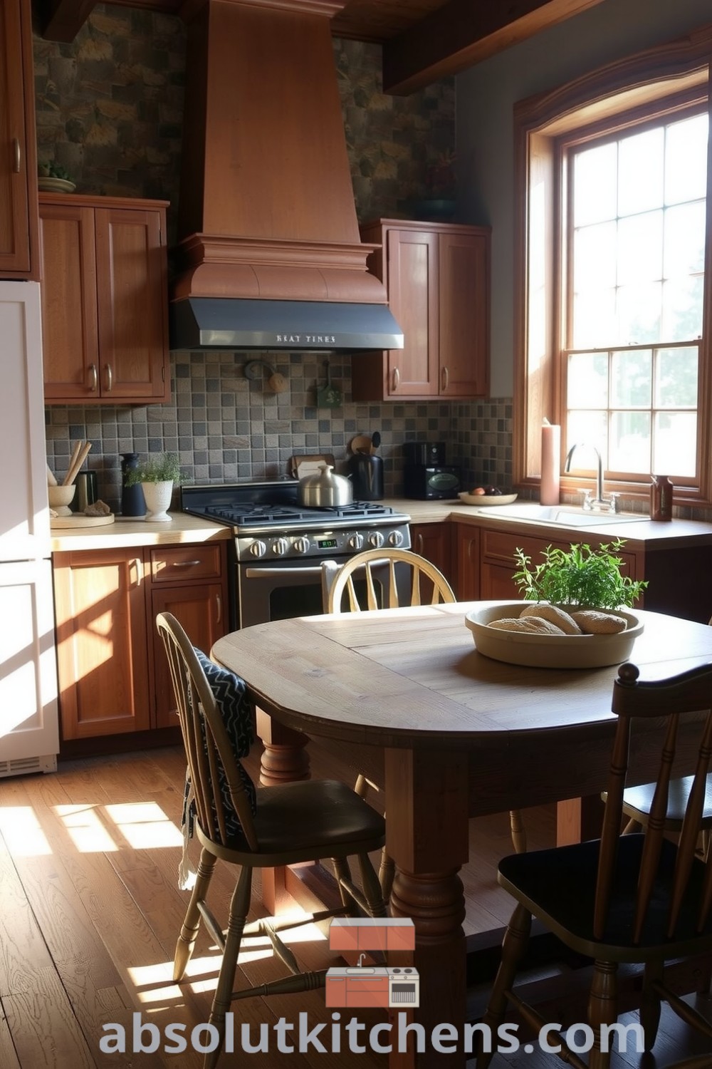 Cozy farmhouse kitchen with rustic wood cabinets, stone walls, and sunlight illuminating an oak dining table, adorned with vintage chairs and a small herb garden on the windowsill, reflecting cozy aesthetic and decor ideas for small spaces from absolutkitchens.com.