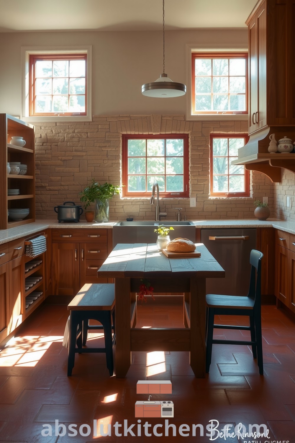 Cozy nature-inspired kitchen featuring warm oak cabinetry, a striking stone backsplash, large windows, terracotta flooring with plants, and a reclaimed wood dining table, providing inviting decor ideas that inspire a peaceful home atmosphere. Visit absolutkitchens.com for more unique ideas.
