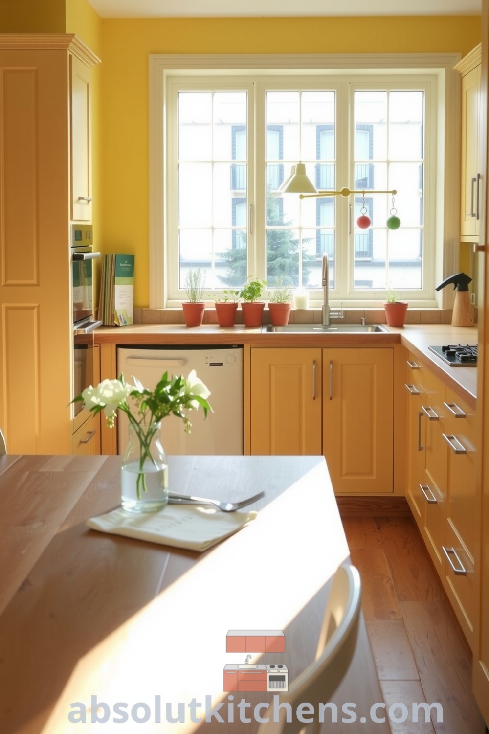 Cozy Scandinavian kitchen with yellow tones, light wood cabinetry, an oak table at the center, and fresh herbs in terracotta pots on the windowsill, creating a warm and inviting atmosphere perfect for family gatherings, featured on fireplacesandwoodstoves.com.