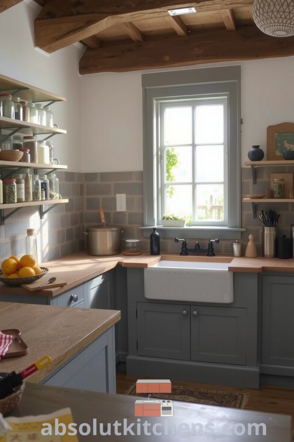 Cozy rustic kitchen featuring soothing grey tones, wooden beams, stone walls, and weathered countertops, along with open shelves filled with glass jars of spices, providing warm and inviting decor ideas for your home. Visit absolutkitchens.com for more unique ideas.