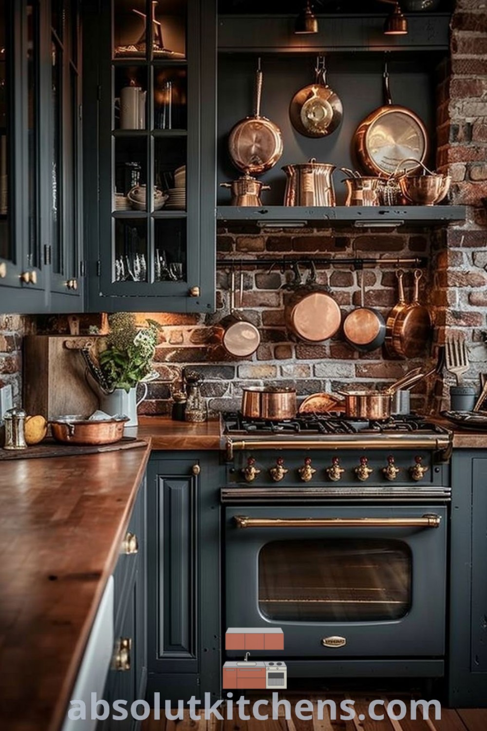 A rustic kitchen featuring pots and pans on the wall, embodying classic cottage style and cozy kitchen aesthetics. This inspiring space includes rustic farmhouse kitchen decor ideas for enhancing home warmth. Find more unique design trends at absolutkitchens.com.