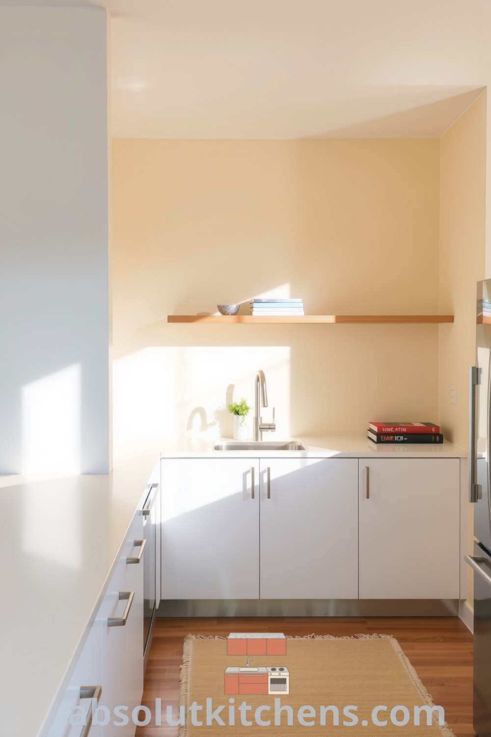 Bright and inviting minimalist kitchen featuring pale yellow walls, smooth white countertops, wooden shelves displaying cookbooks and a potted plant, showcasing cozy design ideas for a warm home atmosphere. Visit fireplacesandwoodstoves.com for more inspiring decor ideas.