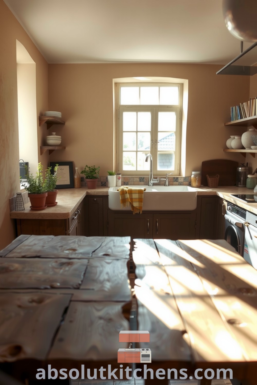 Cozy farmhouse kitchen featuring warm beige tones, rustic wooden flooring, stone countertops, and potted herbs, exuding a charming and inviting atmosphere for family gatherings. Visit absolutkitchens.com for more cozy decor ideas.