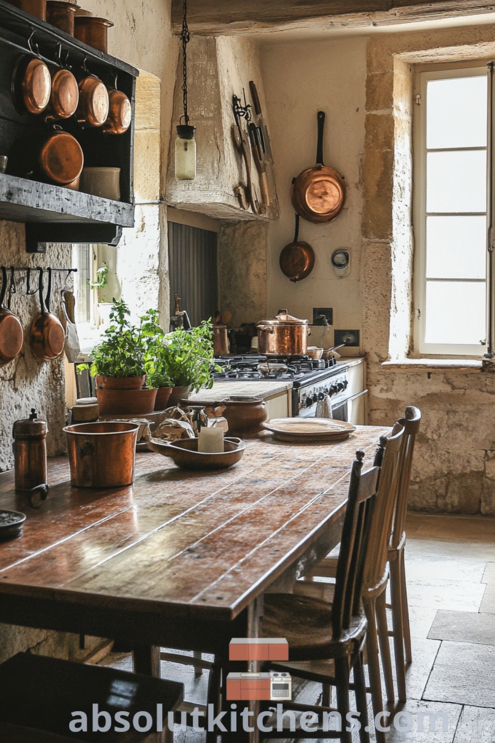 Cozy French kitchen with warm light illuminating creamy stone walls, featuring a large farmhouse table surrounded by mismatched chairs, hanging copper pots, and a herb garden on the windowsill, offering decor ideas for a warm and inviting home. Visit absolutkitchens.com for design inspirations.