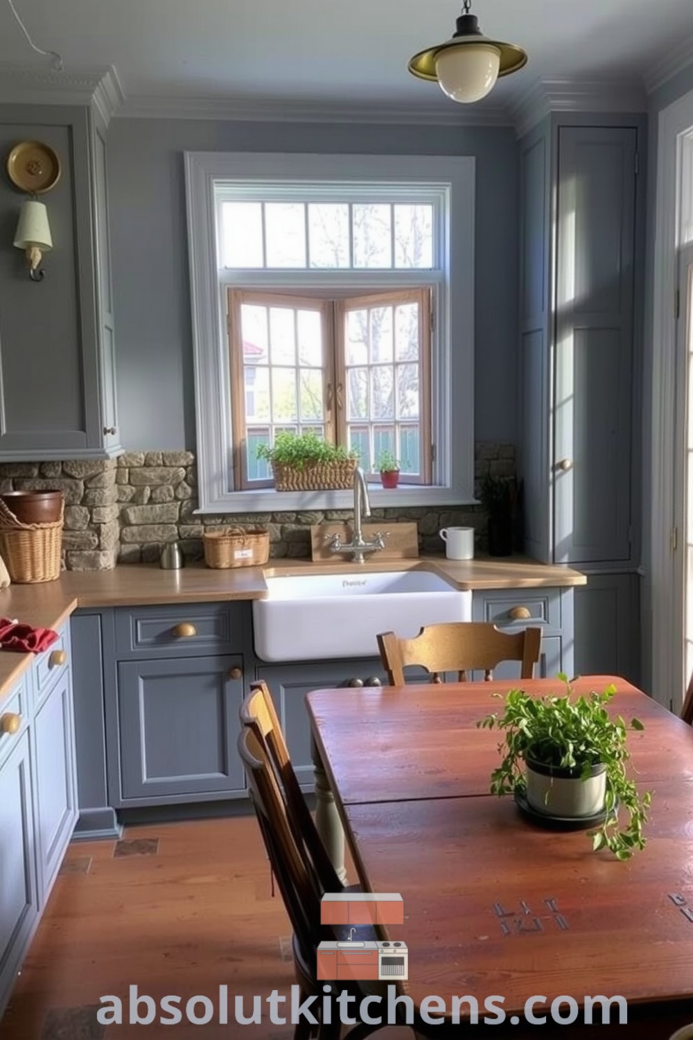 Cozy farmhouse kitchen featuring weathered wooden cabinets, a stone backsplash, a large farmhouse sink under a sunny window, and a dining table surrounded by mismatched chairs, complemented by potted herbs on the windowsill, perfect for cozy home design ideas at absolutkitchens.com.