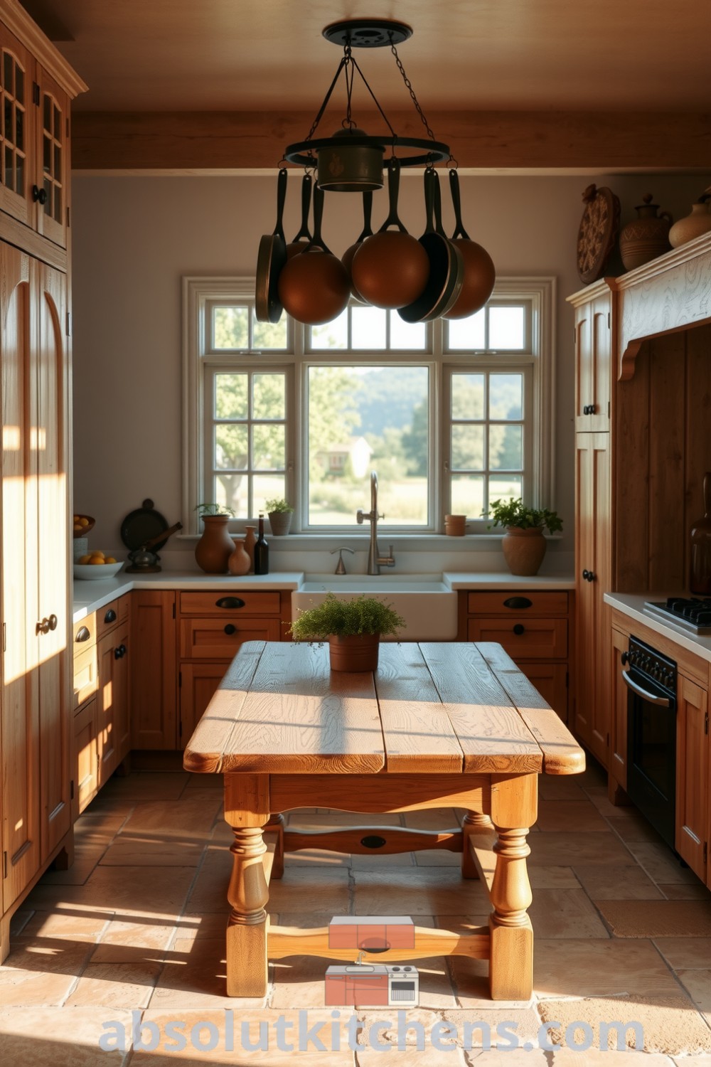 Cozy farmhouse kitchen filled with vintage wooden cabinets, a rustic stone floor, and a central hearty table, illuminated by soft golden light from sun-soaked windows. Explore cozy ideas and decor inspirations at absolutkitchens.com.