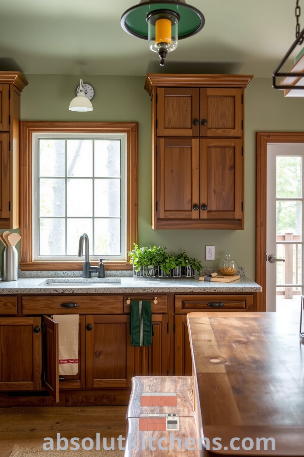 Cozy nature-inspired kitchen featuring soft green hues, reclaimed wood cabinets, a stone countertop, and potted herbs on the windowsill, creating a warm and inviting atmosphere perfect for family gatherings. absolutkitchens.com
