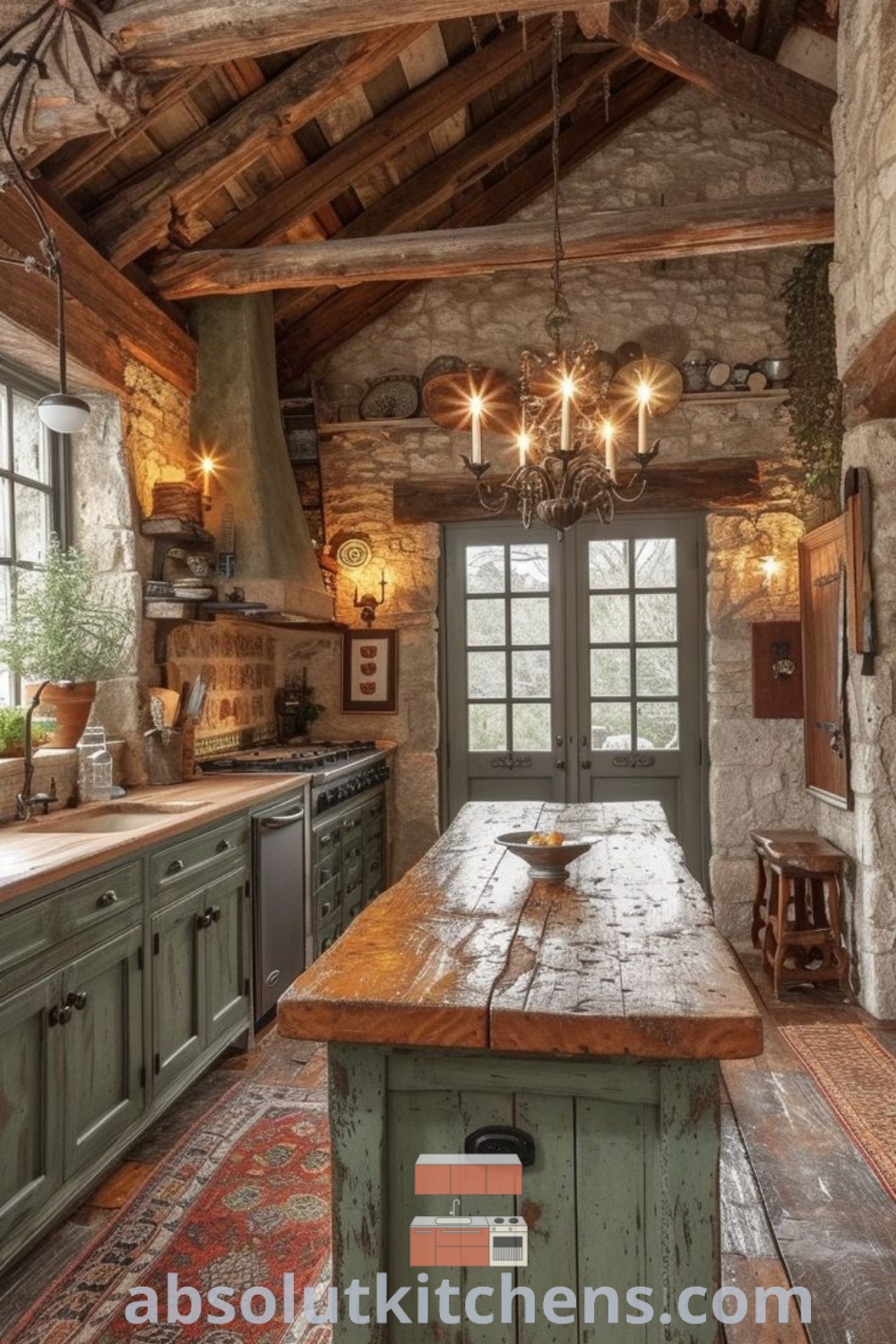 A rustic kitchen featuring an island, vaulted ceilings, and warm wood accents, showcasing a cozy aesthetic and inspirational decor ideas from absolutkitchens.com. Perfect for farmhouse kitchen design enthusiasts seeking functional and inspiring decor ideas for small spaces.