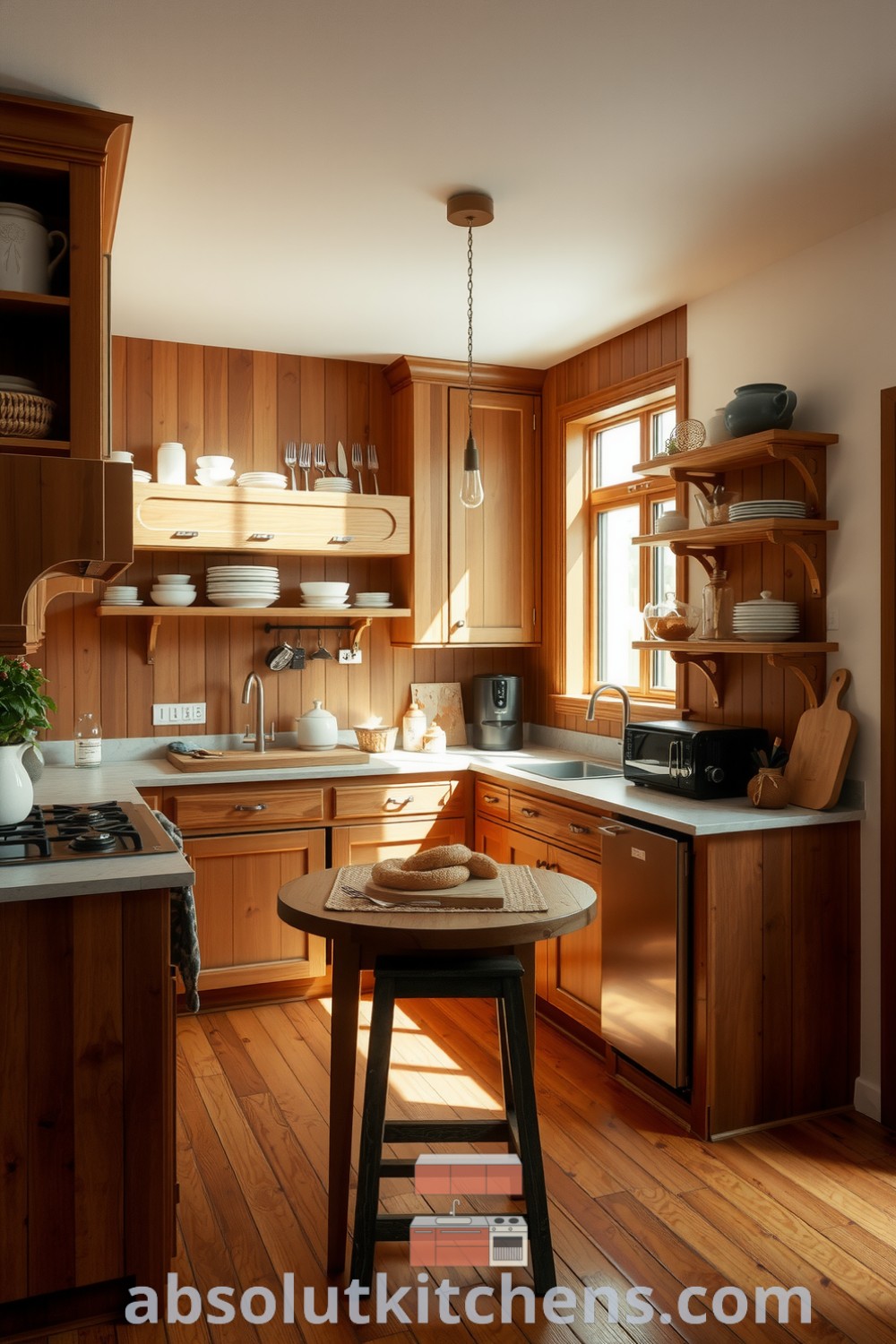 Scandinavian kitchen with warm wooden cabinetry, smooth stone countertops, and open shelves featuring artisan ceramics, evoking a cozy home atmosphere, ideal for family gatherings and inspiring decor ideas from fireplacesandwoodstoves.com.