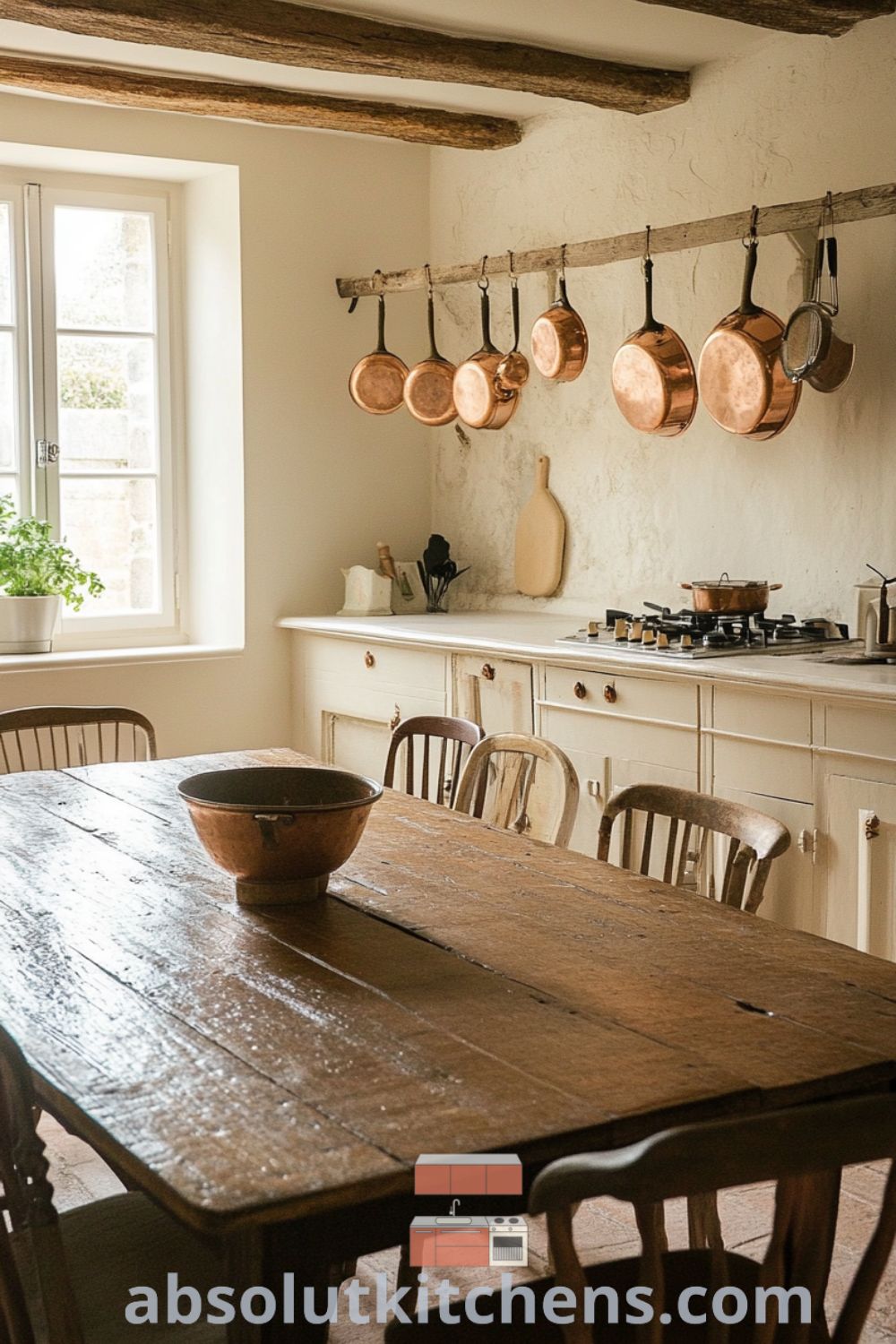 Cozy French kitchen with cream walls, rustic wooden beams, a sturdy oak table, mismatched chairs, and hanging copper pots, exuding warmth and inspiring decor ideas for your home at absolutkitchens.com.