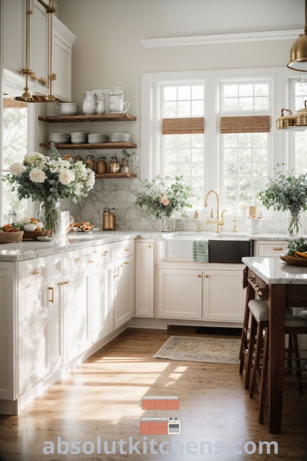 A bright and inviting kitchen filled with lots of white cabinets and spacious countertops beside a window, showcasing timeless kitchen design and cozy aesthetics for homes or apartments. Find more inspiring kitchen decorating ideas at absolutkitchens.com.