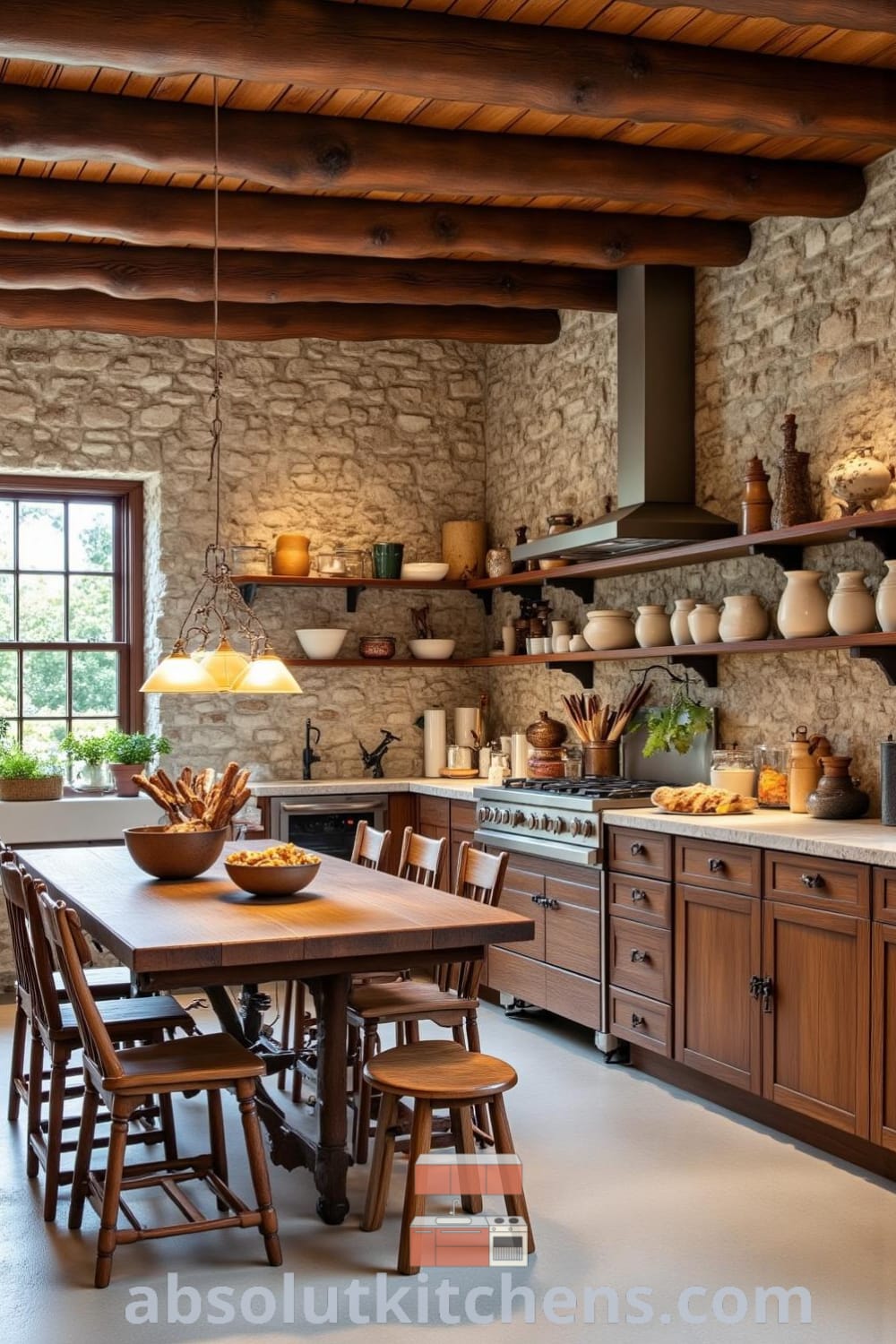 Charming rustic kitchen with wooden beams, aged stone walls, a farmhouse table surrounded by mismatched chairs, and shelves of ceramic bowls, creating a cozy home atmosphere, perfect for design ideas and decor inspirations from fireplacesandwoodstoves.com.