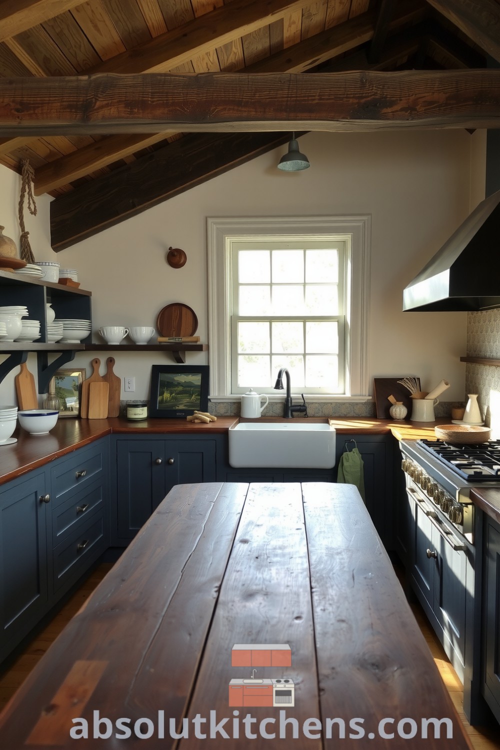Cozy rustic kitchen featuring weathered wooden beams, stone accents, dark butcher block countertops, mismatched pottery, and a farmhouse table, creating an inviting atmosphere for family gatherings. Visit absolutkitchens.com for inspiring decor ideas for your home.