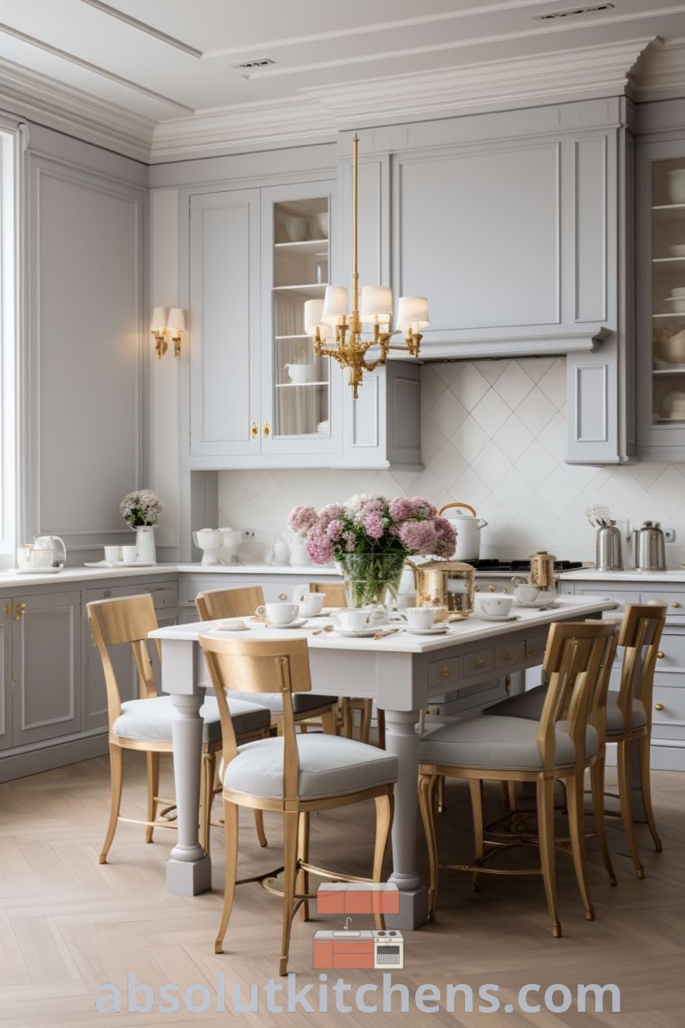 A stylish neo classical kitchen design featuring white cabinets and wooden flooring, showcasing a dining table surrounded by chairs. This inviting space highlights windowless kitchen ideas and inspiring decor ideas for small spaces. Explore charming kitchen and dining room ideas at absolutkitchens.com.