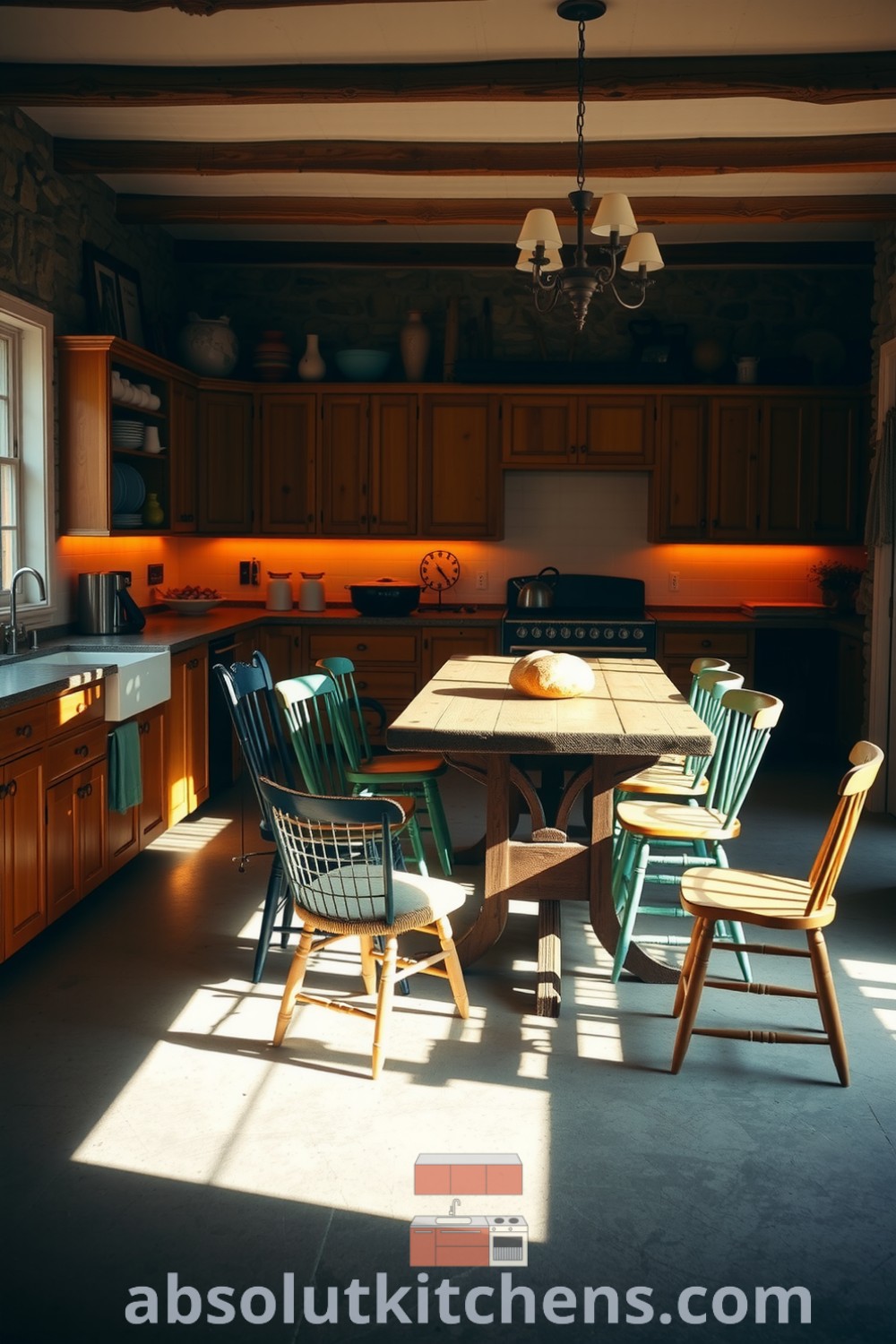 Cozy farmhouse kitchen featuring warm orange tones, wooden cabinets, a sturdy table, and mismatched chairs, illuminated by sunlight and rustic stone walls, creating a welcoming atmosphere at absolutkitchens.com.