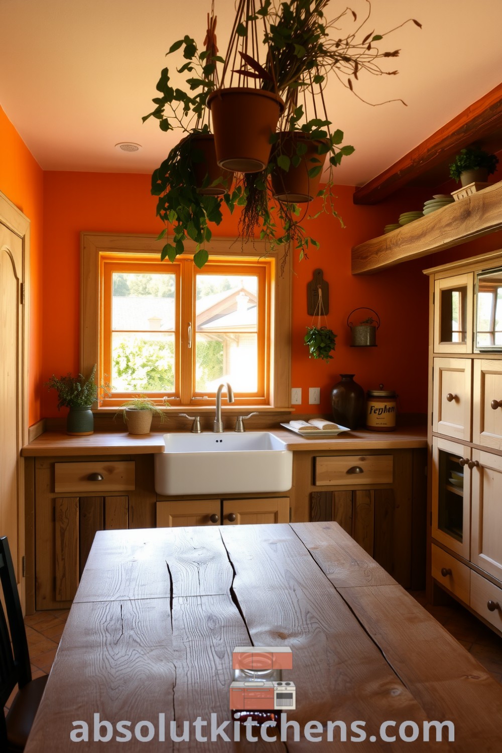 Cozy rustic kitchen featuring warm orange tones, reclaimed wood cabinetry, a farmhouse sink under a wide window, and hanging herbs in terracotta pots, creating an inviting atmosphere. Visit absolutkitchens.com for cozy home design ideas and inspirations.