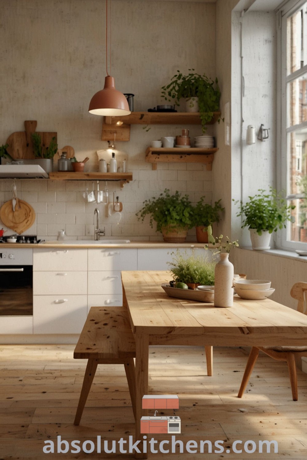 A clean and inviting small open plan kitchen with modern rustic decor, open shelves, and bohemian accents, designed for both cooking and dining. This cozy kitchen showcases unique ideas for decor, making it perfect for apartment living. Explore more inspirations at wellnesswink.com.