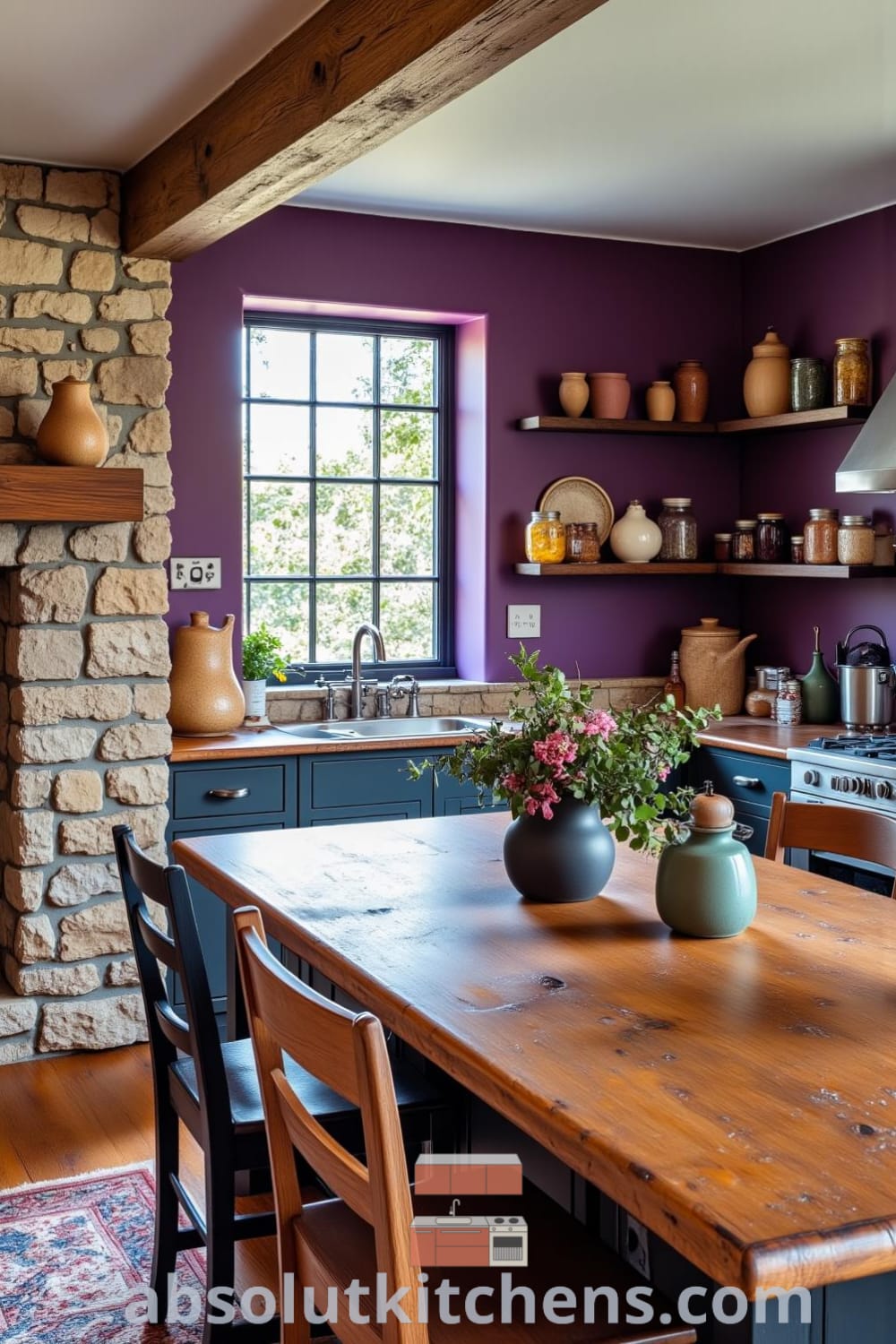 Rustic kitchen with deep purple walls, a large multi-paned window, handmade pottery, jars of preserves, a heavy farmhouse table, and mismatched chairs creating a cozy and inviting atmosphere, ideal for family gatherings and inspired home decor ideas. Visit fireplacesandwoodstoves.com for more cozy design ideas.