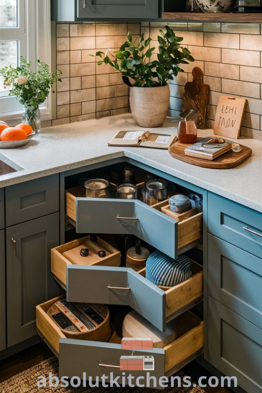 An open kitchen cabinet utensil drawer in the corner showcases organization tips for small kitchen design. This image captures the essence of functional kitchen drawers, offering inspiration for kitchen customization ideas, and highlights clever storage solutions found at absolutkitchens.com.