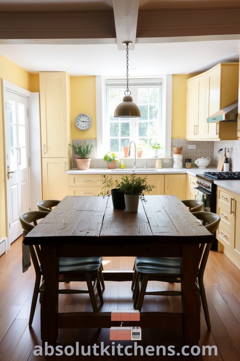 Scandinavian kitchen with soft yellow tones, rustic wooden table, mismatched chairs, and a large window showcasing a garden view, creating a cozy and inviting atmosphere, ideal for family gatherings. Discover unique decor ideas at fireplacesandwoodstoves.com.