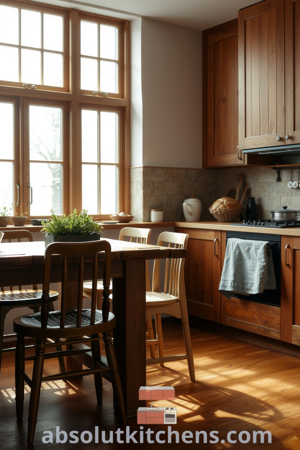 A warm Scandinavian kitchen with wooden cabinets, a stone backsplash, and a rustic table surrounded by simple chairs, showcasing cozy design ideas and inspirations for creating a welcoming, lived-in atmosphere at fireplacesandwoodstoves.com.