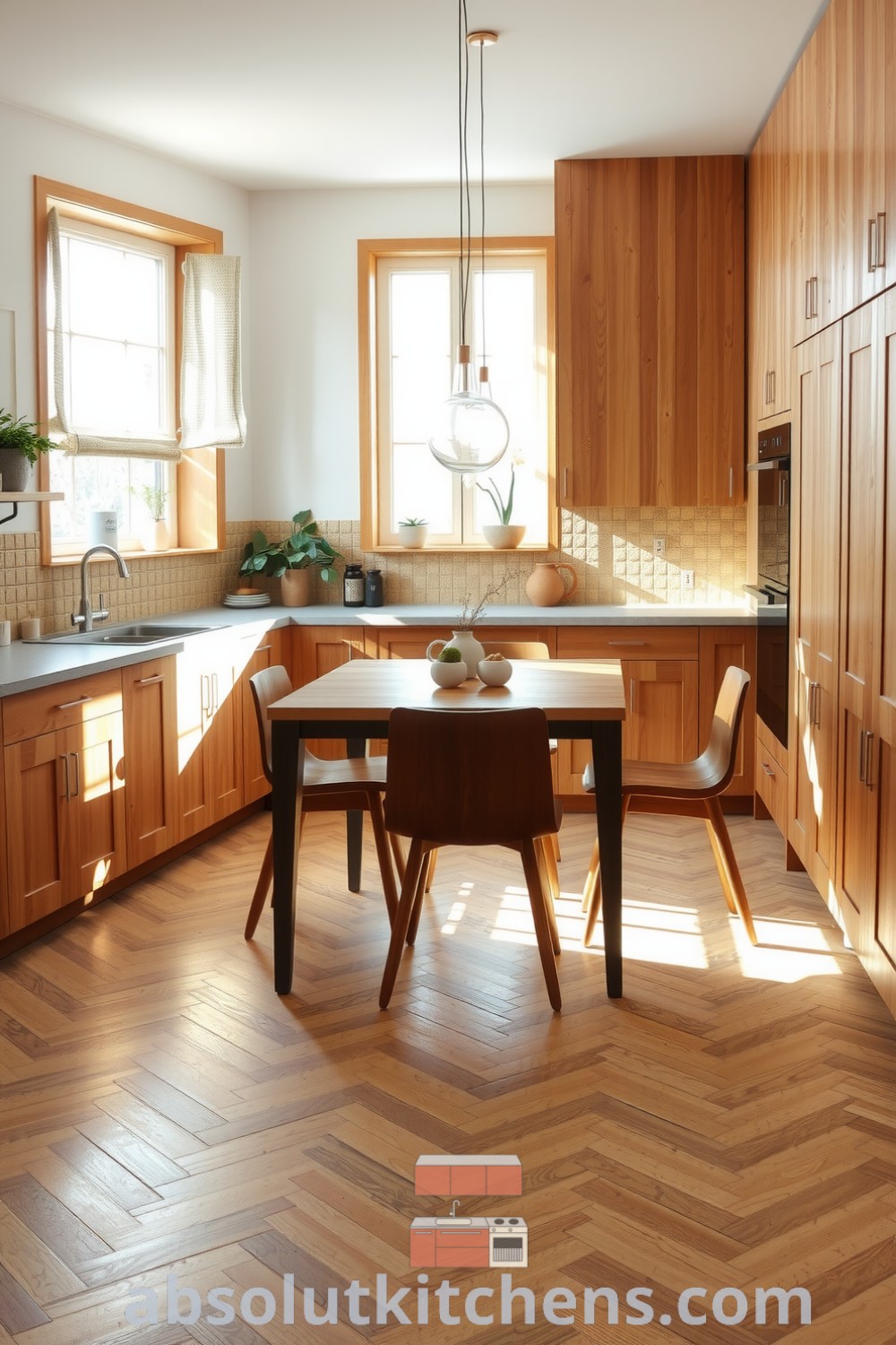 Scandinavian kitchen with warm brown palette featuring natural wood cabinetry, stone countertops, an inviting wooden dining table surrounded by minimalist chairs, and simple greenery decor, offering cozy ideas and inspiring design ideas for your home at fireplacesandwoodstoves.com.