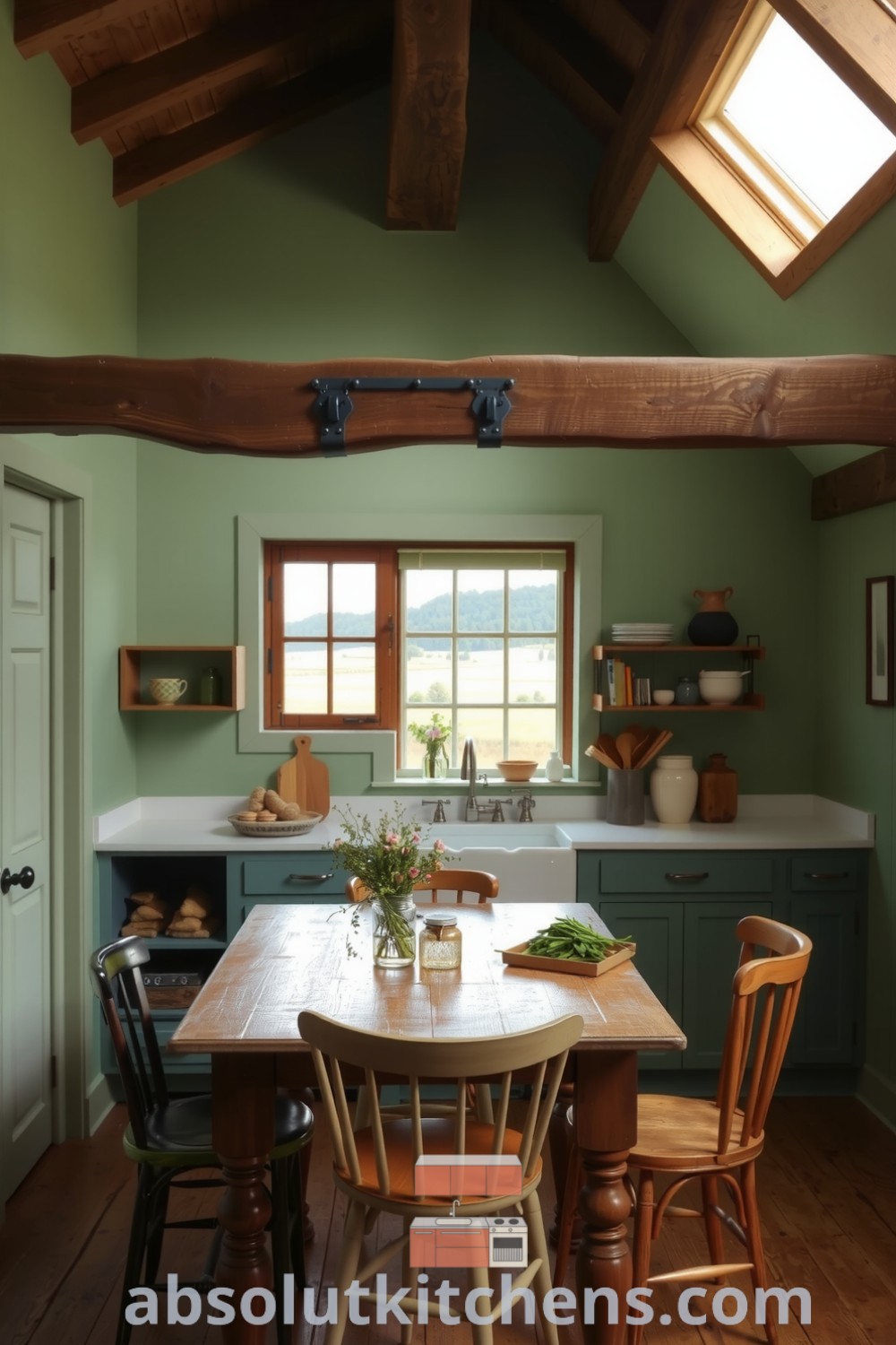 Cozy farmhouse kitchen with soft green walls, wooden beams, a weathered dining table, mismatched chairs, and a sunlit window showcasing surrounding fields, emphasizing cozy aesthetic and decor ideas for your home at absolutkitchens.com.