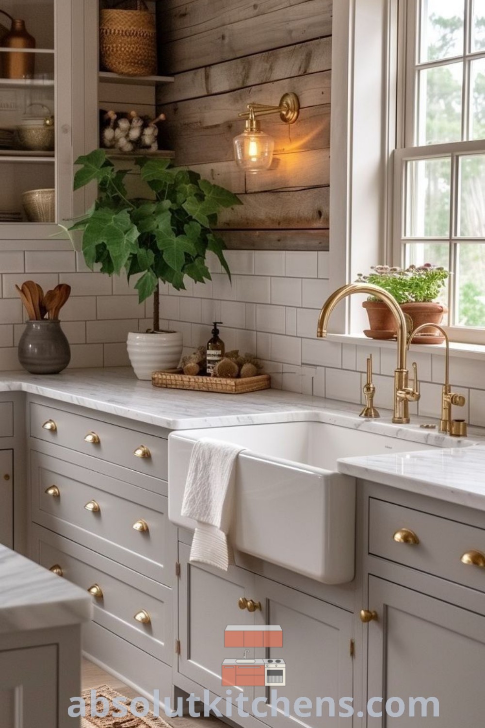 A cozy kitchen with white cabinets, gold handles, and a farmhouse sink, showcasing cottage kitchen lighting ideas and inspiring decor ideas for small spaces. This country kitchen beautifully combines elegance and functionality, providing a charming atmosphere for your home as seen on absolutkitchens.com.