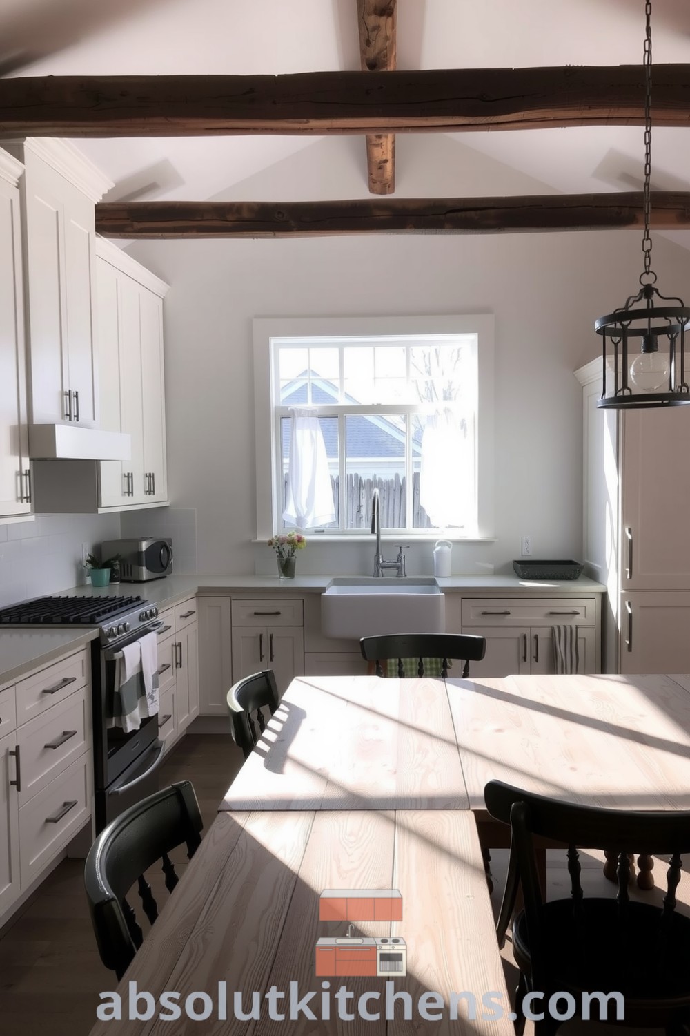Cozy modern farmhouse kitchen featuring white cabinetry, reclaimed wooden beams, a large farmhouse sink, and a weathered wooden table surrounded by mismatched chairs, creating a warm and inviting atmosphere. Absolutkitchens.com