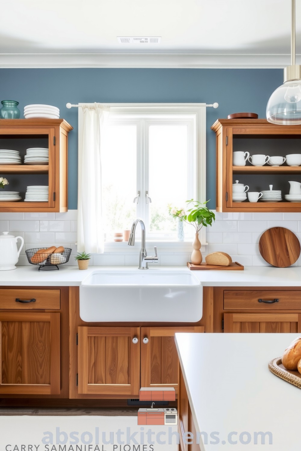 Cozy farmhouse kitchen with soft blue walls, warm wooden cabinets, and white countertops, featuring a large farmhouse sink and open shelving filled with mismatched dishware, embodying design ideas for a welcoming and inviting atmosphere. Visit absolutkitchens.com for more inspiring decor ideas.