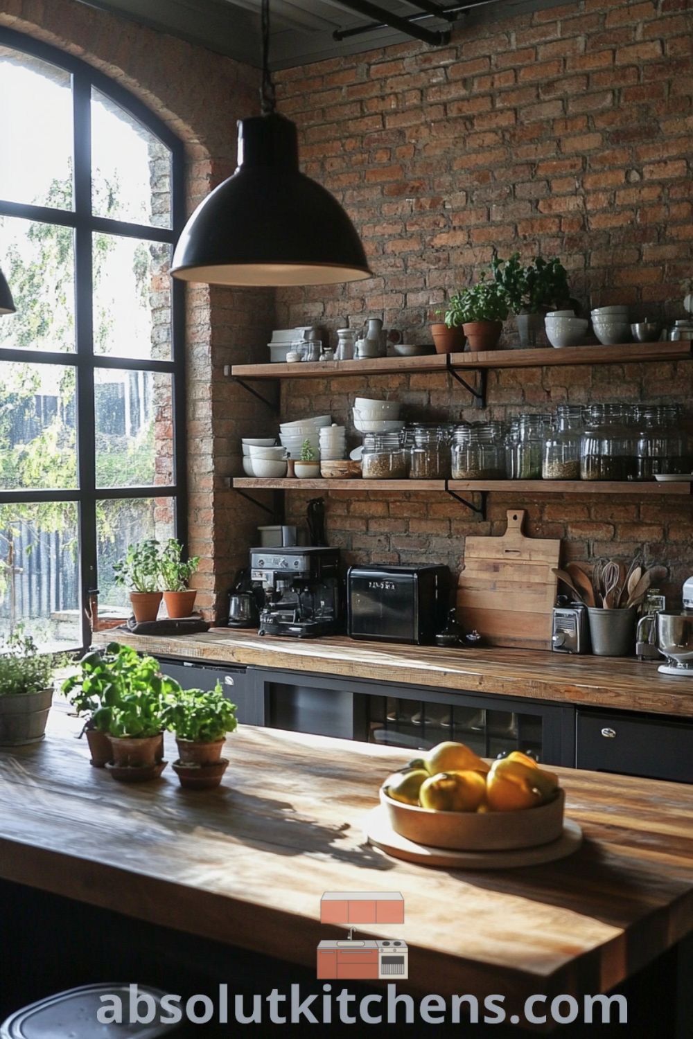 Inviting urban loft kitchen on absolutkitchens.com showcasing industrial style, loft kitchen ideas, and cozy ambiance with wooden accents and vintage decor.