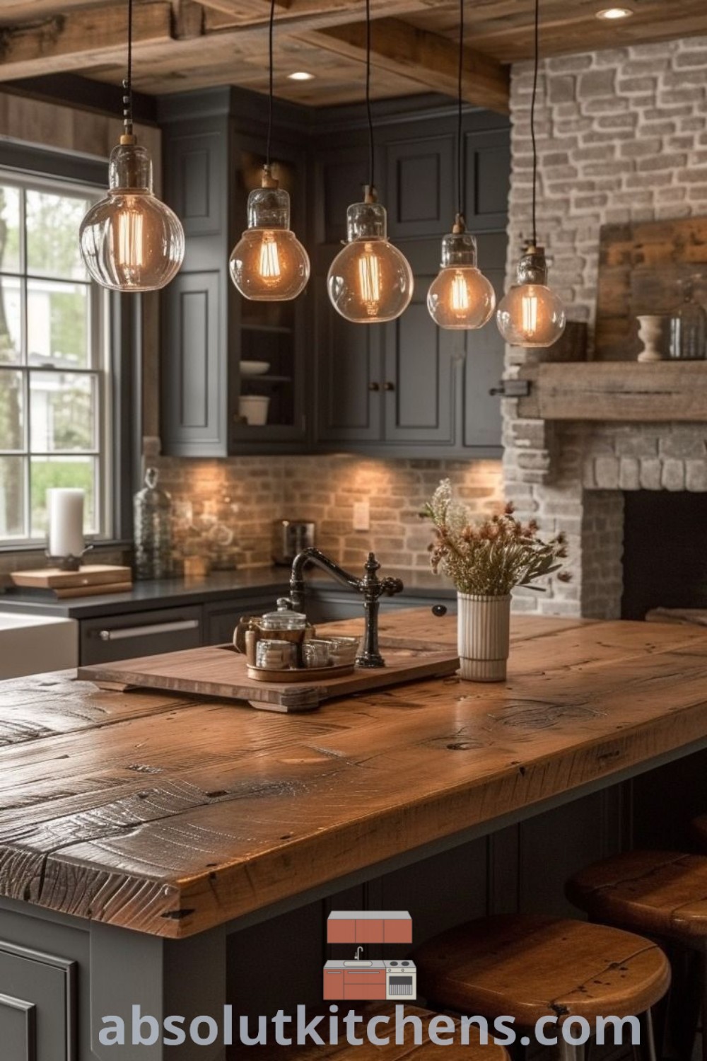 A modern farmhouse kitchen featuring a stylish island with stools, pendant lights, and a cozy ambiance perfect for entertaining, showcasing ideas you need to see for house or apartment decor at absolutkitchens.com.