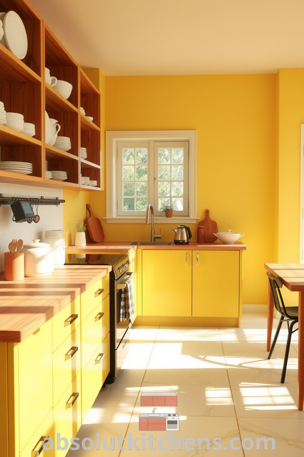 A bright minimalist kitchen featuring a cheerful yellow color scheme, wooden countertops, metallic accents, and open shelves displaying white dishware; a cozy home design idea for inviting breakfasts and gatherings. Visit fireplacesandwoodstoves.com for more unique decor inspirations.