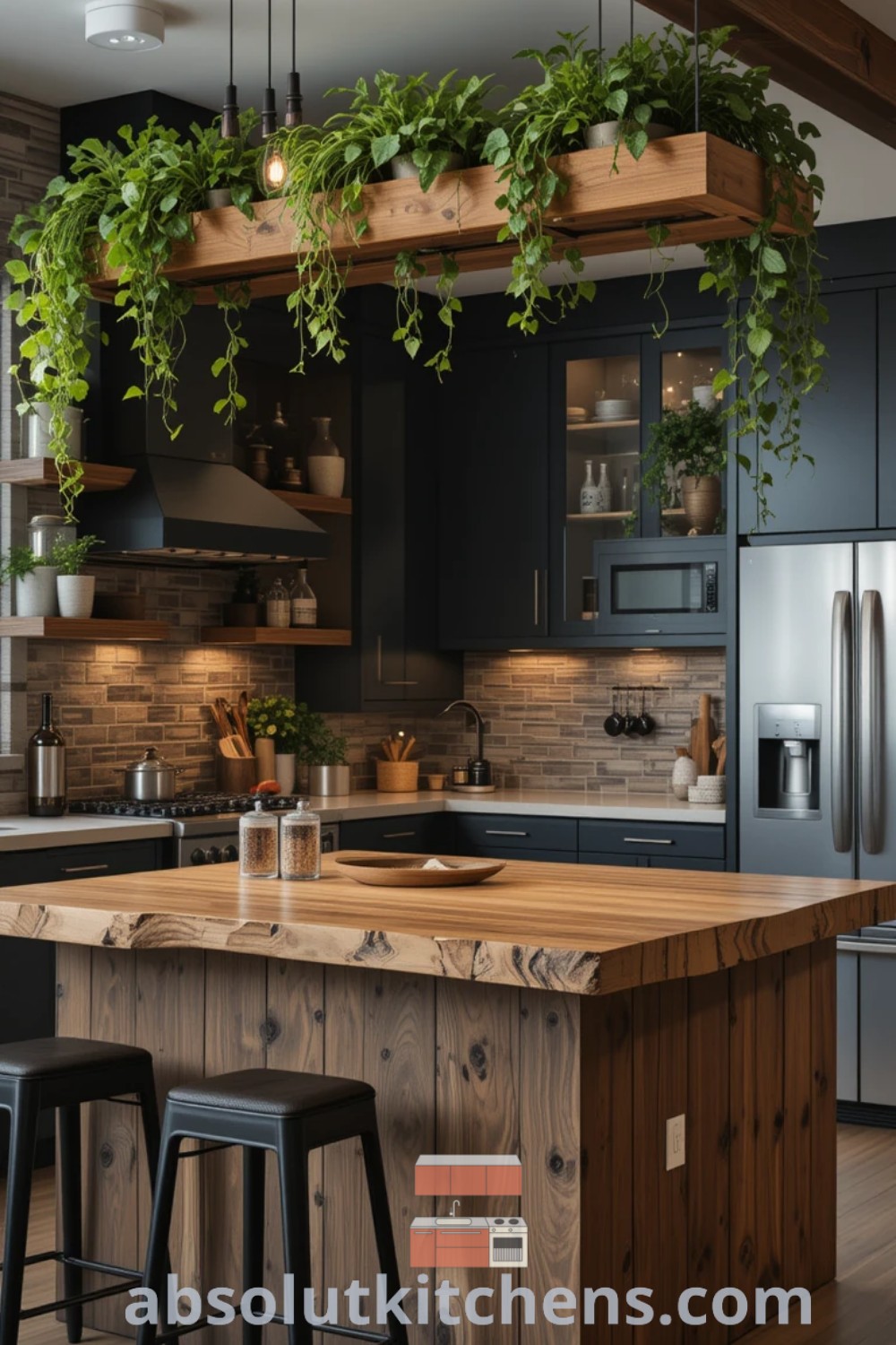 A dark boho kitchen featuring a stylish island with hanging plants, surrounded by two stools, showcasing rustic modern home decor and earthy tones. This inviting space offers design ideas for house or apartment, including cozy aesthetic options, design trends, and inspiring decor ideas for small spaces at absolutkitchens.com.
