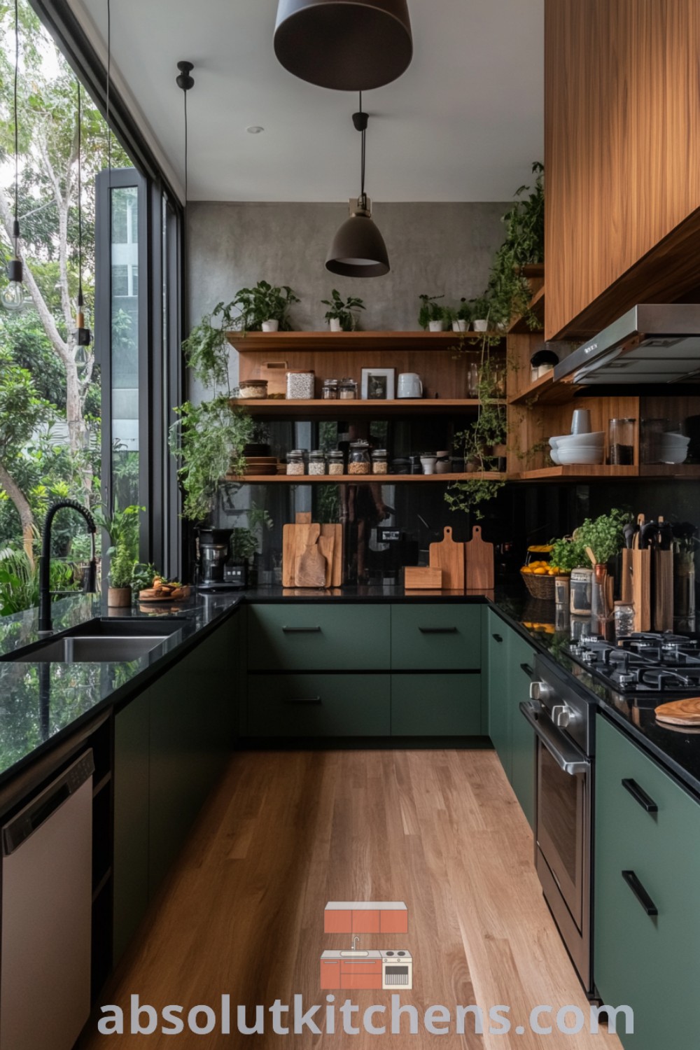 A modern kitchen showcasing green cabinets with wooden floors, plants on countertops, and open shelves, exemplifying the green aesthetic house design trend. This kitchen offers cozy design tips and inspiring decor ideas for small spaces. Explore more at absolutkitchens.com.