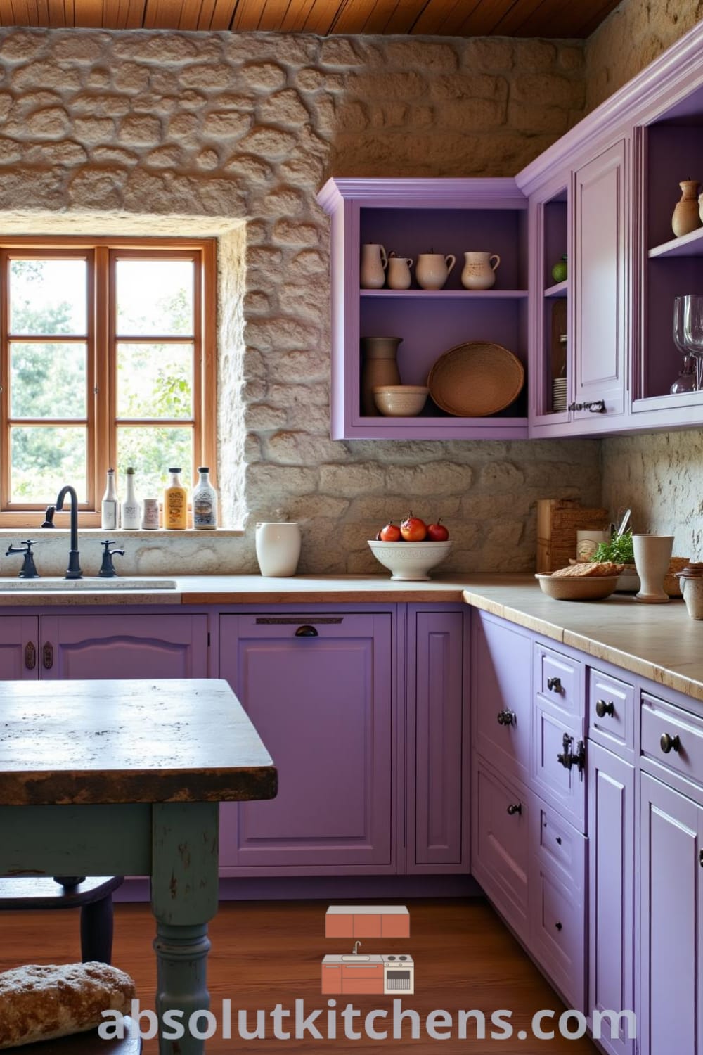A cozy rustic kitchen with soft purple tones, worn wooden cabinets, an exposed stone wall, and sunlight illuminating handmade pottery on open shelves, evoking comfort and homey vibes, ideal for culinary inspirations, seen on fireplacesandwoodstoves.com.