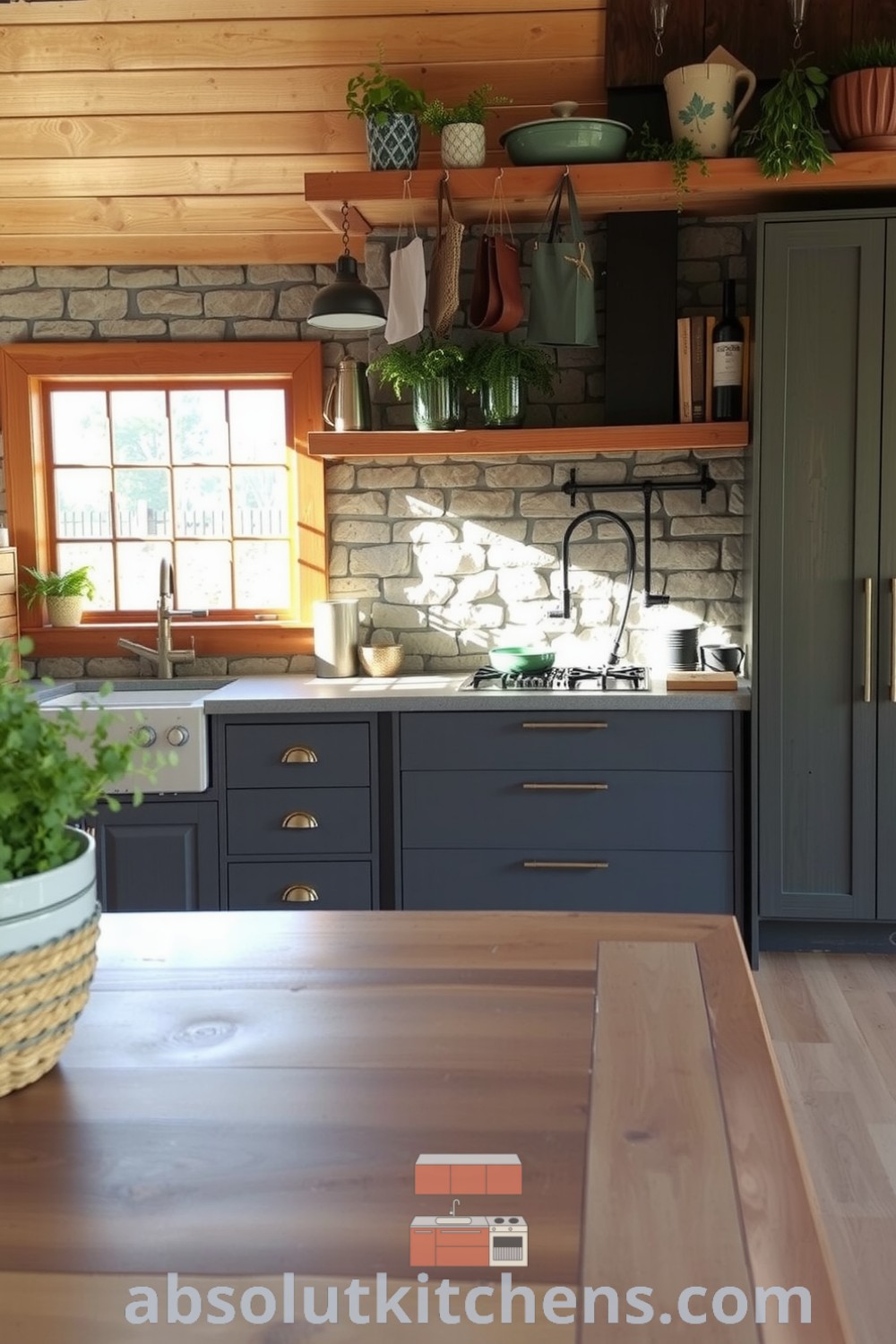 Cozy nature-inspired kitchen featuring earthy tones of slate gray and warm wood, rustic reclaimed timber shelves with vibrant herbs, a well-worn island, and sunlight filtering through large windows illuminating textured stone walls, creating inviting decor ideas for a warm, homey atmosphere. Visit absolutkitchens.com.