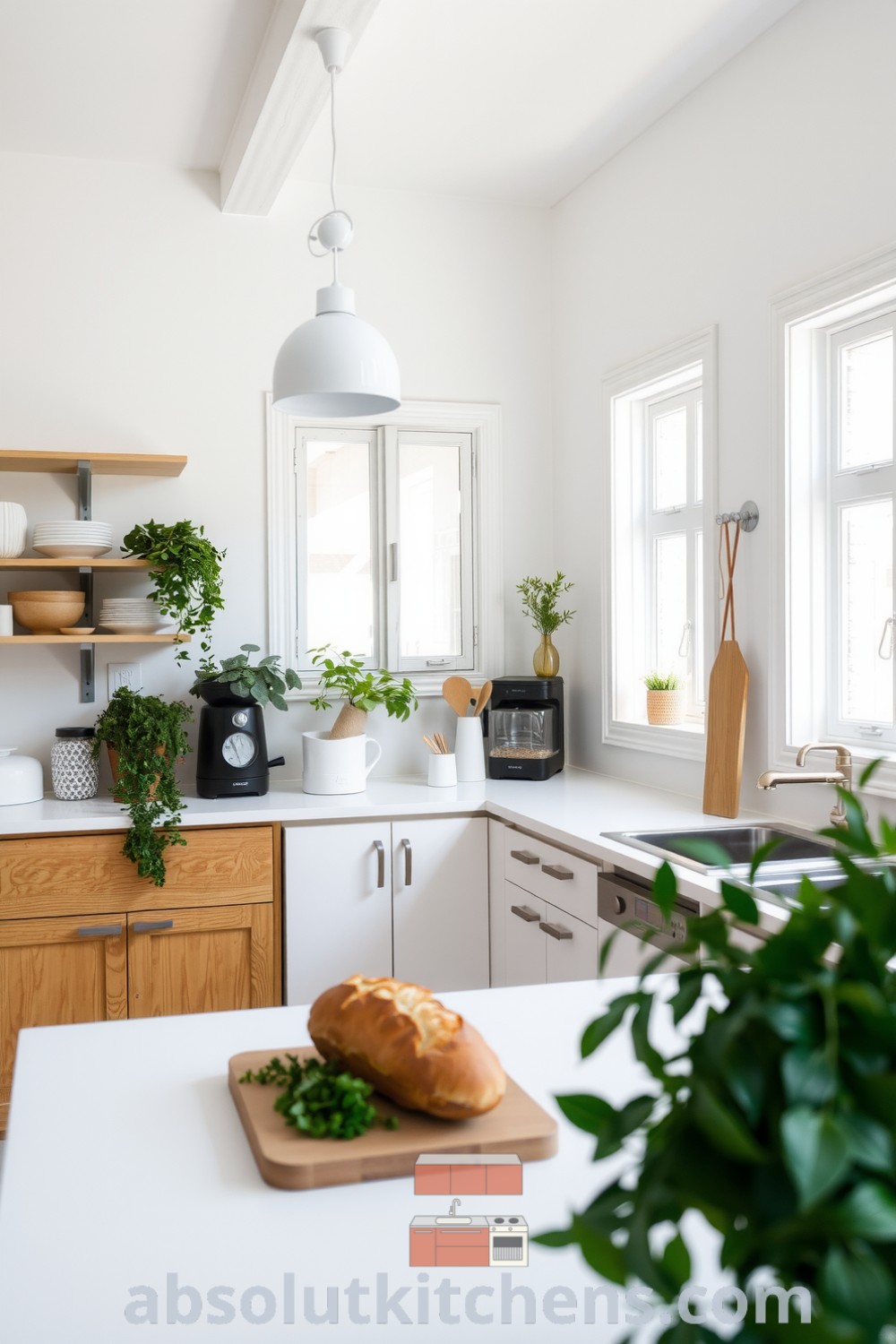 Scandinavian kitchen with bright white walls, large windows, natural wood accents, and modern metal fixtures, featuring abundant greenery and a cozy atmosphere, showcasing design ideas for a warm and inviting home at fireplacesandwoodstoves.com.