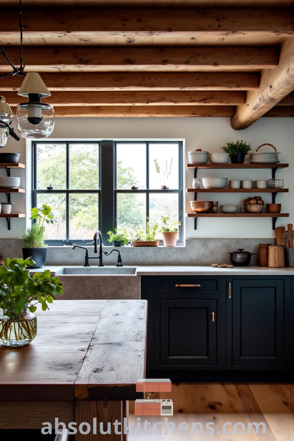 Rustic kitchen with black accents, featuring aged stone sink, potted herbs, and warm oak cabinetry, exuding cozy ideas for your home, with a timeworn table and inviting atmosphere, perfect for gatherings and cooking. Visit fireplacesandwoodstoves.com for design inspirations.