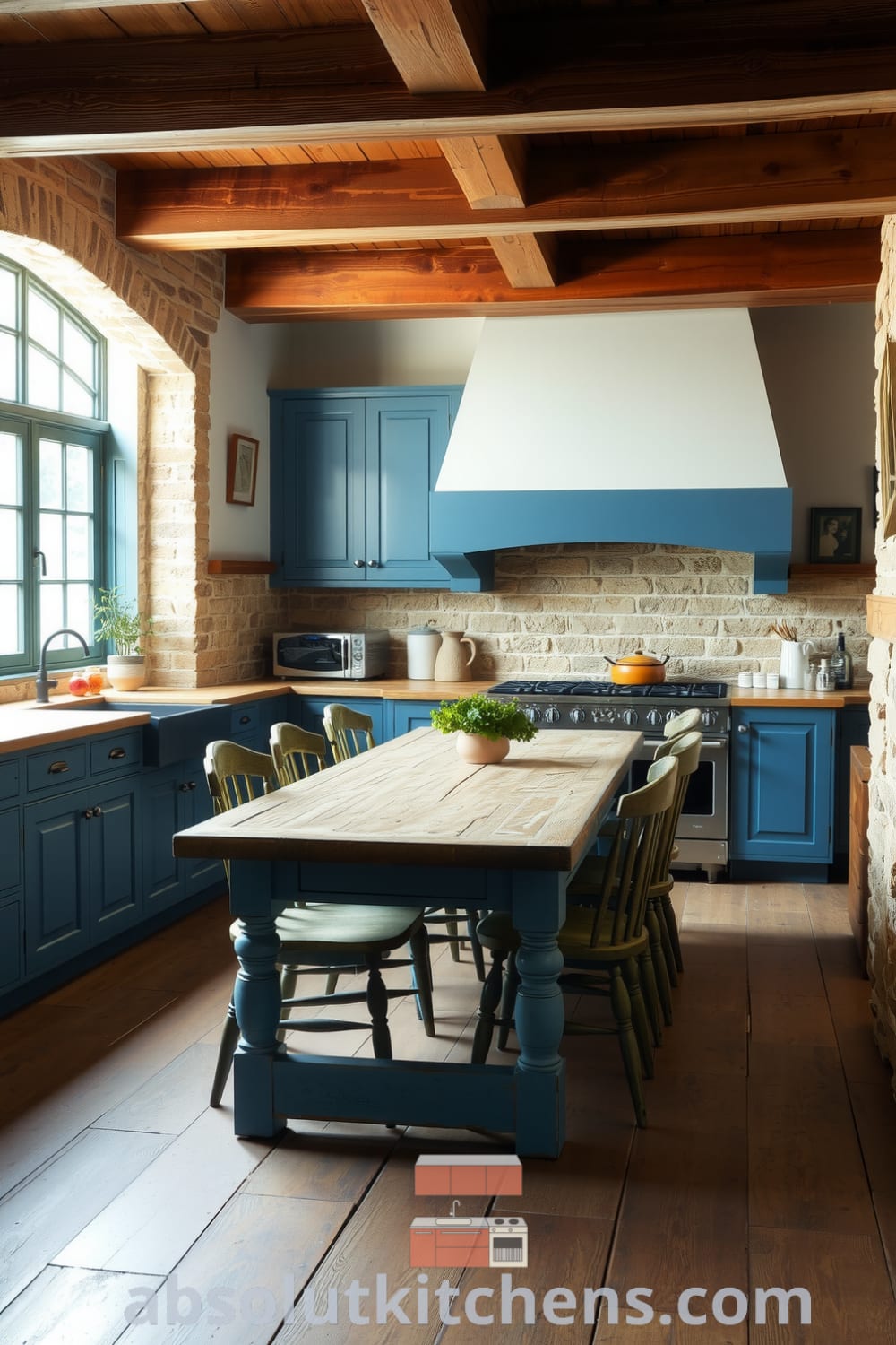 Cozy blue rustic kitchen with wooden beams, distressed cabinetry, and a central worn farmhouse table surrounded by mismatched chairs, illuminated by natural light, creating an inviting atmosphere perfect for warm gatherings; visit fireplacesandwoodstoves.com for inspiring decor ideas.
