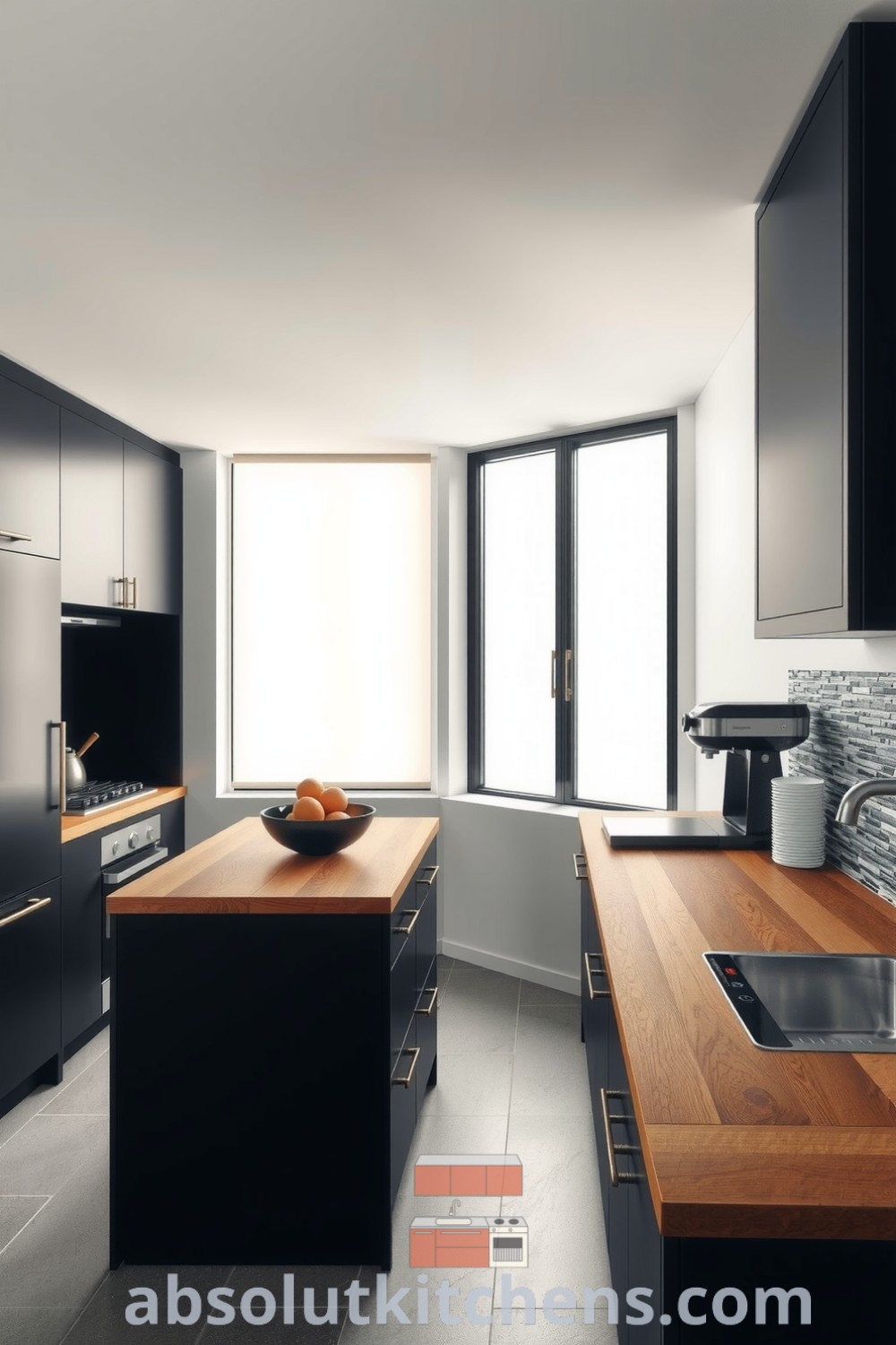 Minimalist black kitchen featuring sleek cabinetry and a reclaimed wood countertop, accented with a cozy island and glowing pendant light, illuminated by large windows and rich textures, perfect for inspiring design ideas for your home, as seen on fireplacesandwoodstoves.com.