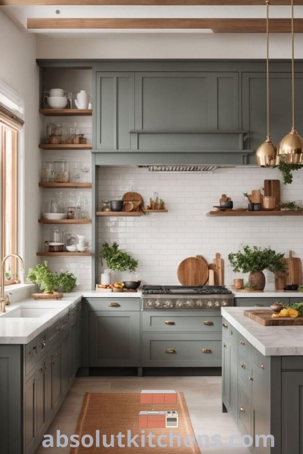 A modern kitchen showcasing green cabinets and white countertops, embodying trending design ideas for a cozy and inviting space. This kitchen is perfect for house or apartment renovations, featuring inspiring decor ideas for families and those seeking a cottage kitchen aesthetic. For more design tips, visit absolutkitchens.com.